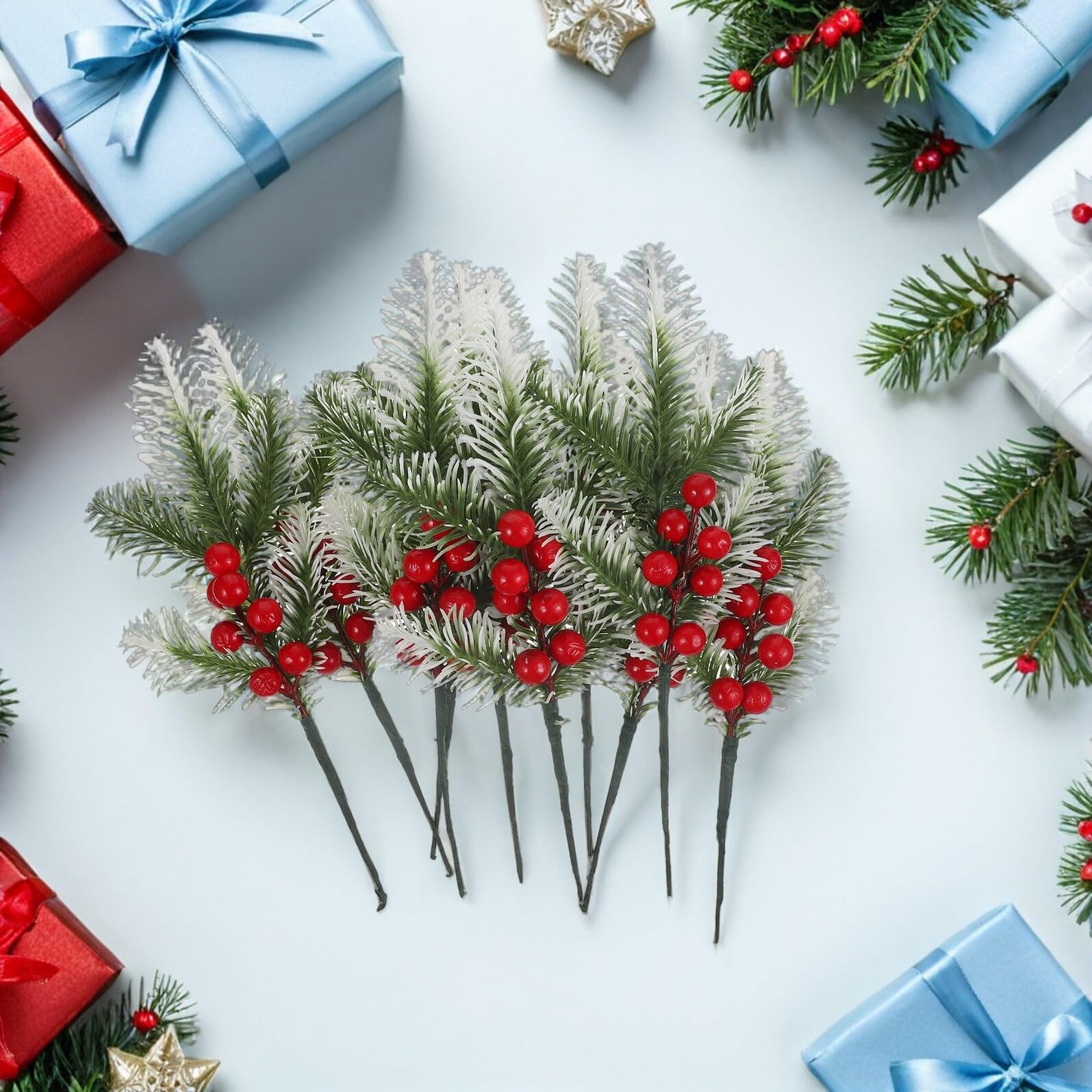 Toyvian 20piezas Ramas De Pino Navideñas Artificiales Bayas Falsas Decoración De Navideña para Arreglos y Centros De Mesa De Invierno