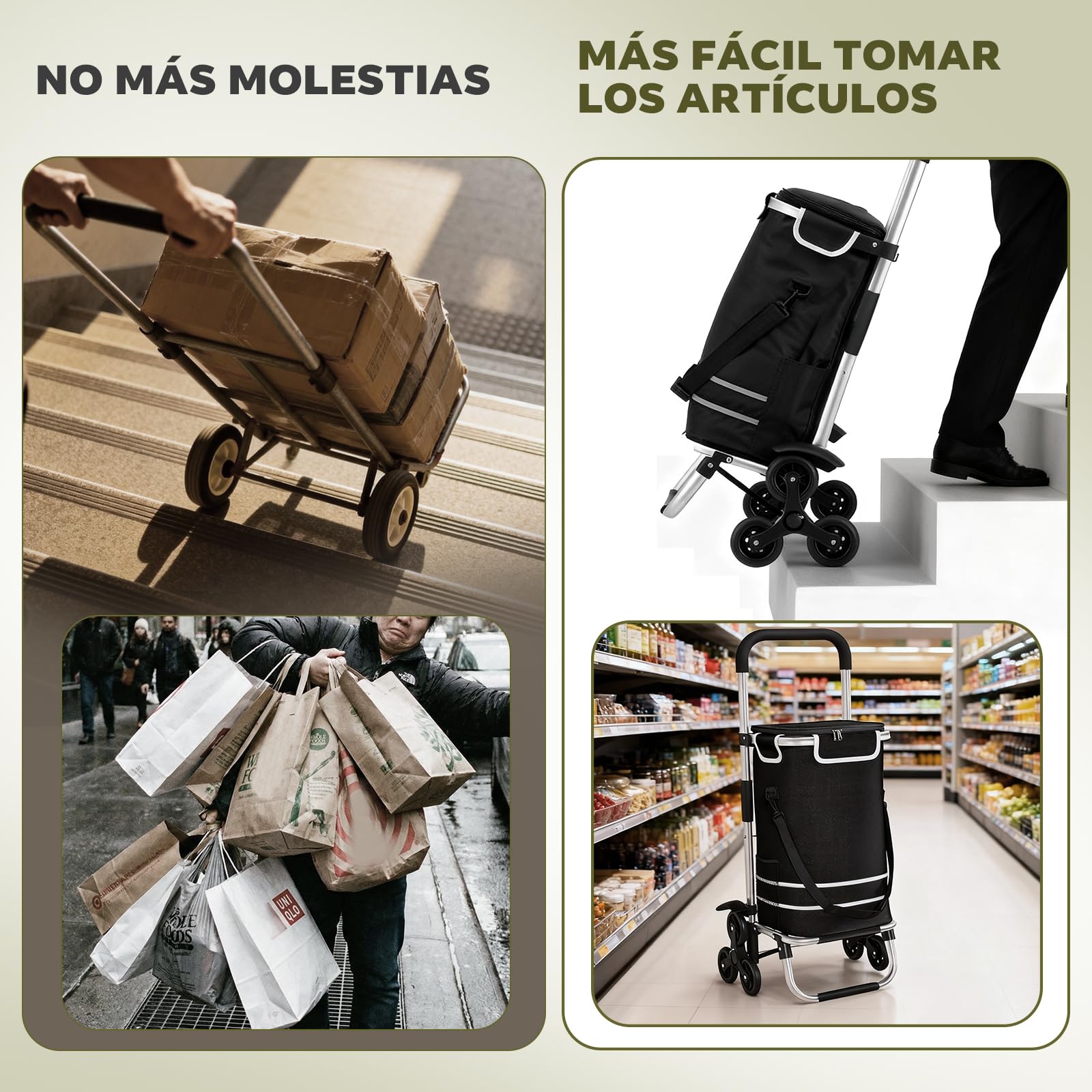 Carro de la Compra Plegable 56L con Compartimento Frigorífico | 3en1 Transformable en Carretilla y Bolsa de Transporte | Carga hasta 30kg | Estructura Aluminio Resistente e Impermeable | Negro