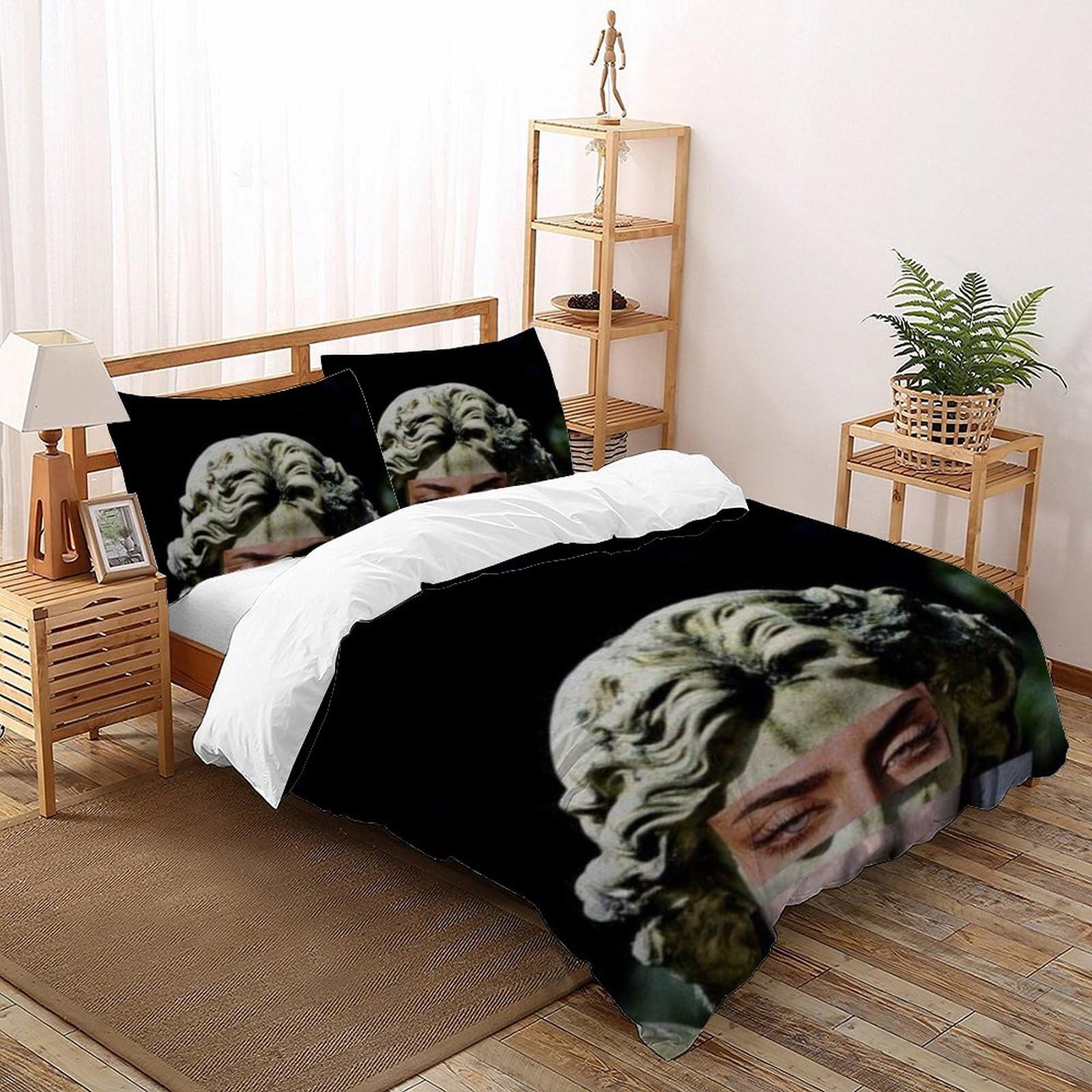 Housse de couette double 200x200 taies d'oreiller microfibre lit 2 personnes statue de pierre