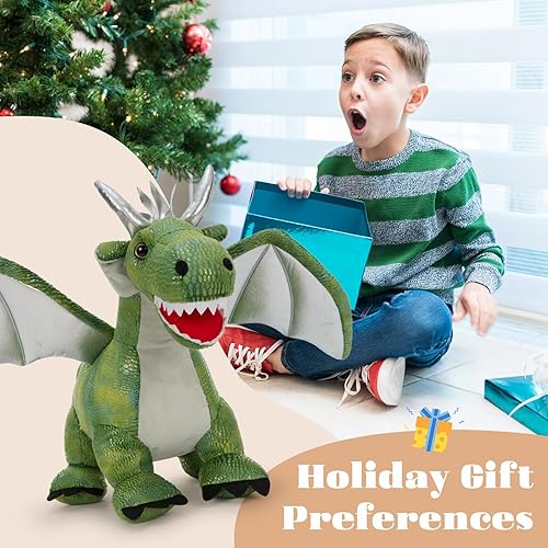 Vista 202 de Juego de 7 juguetes de peluche de dragón verde gigante de 21.7 pulgadas, animal de peluche con 4 bebés y 2 huevos, dinosaurios de peluche para niños