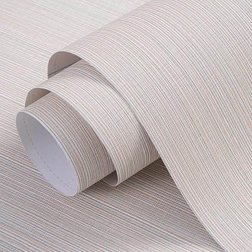 FUKU MON Papel tapiz autoadhesivo de 20.8 x 394 pulgadas, color beige crema, tela gruesa, lino, clásico, de pasto sintético, extraíble, película de