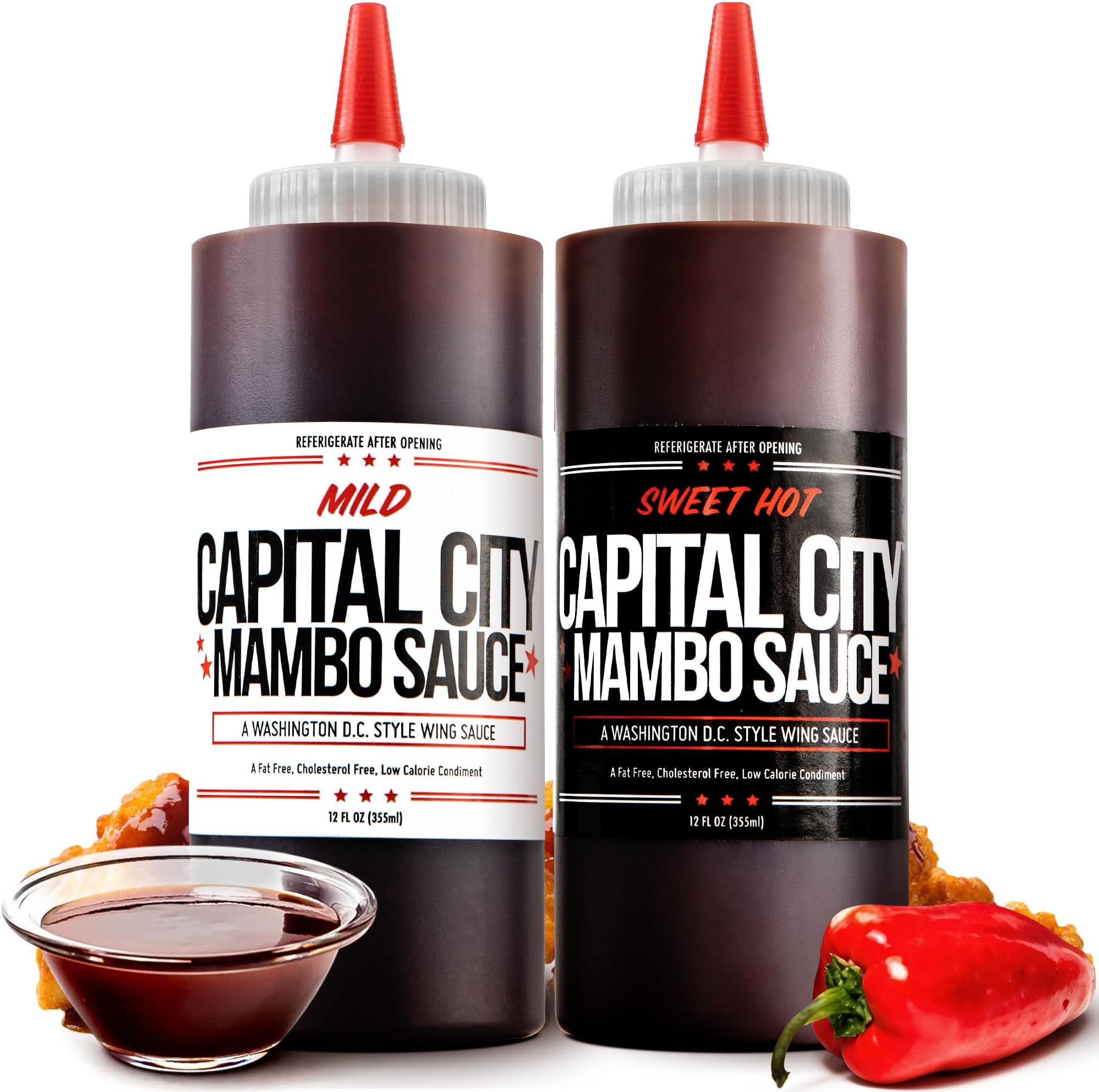 Capital City Mambo Sauce - Variety 2 Pack - Sweet Hot & Mild | Washington DC Wing Sauces | Perfect Condiment Topping for Wings, Chicken, Pork, Beef, Seafood, Burgers, Rice or Noodles | 12 oz Bottles
