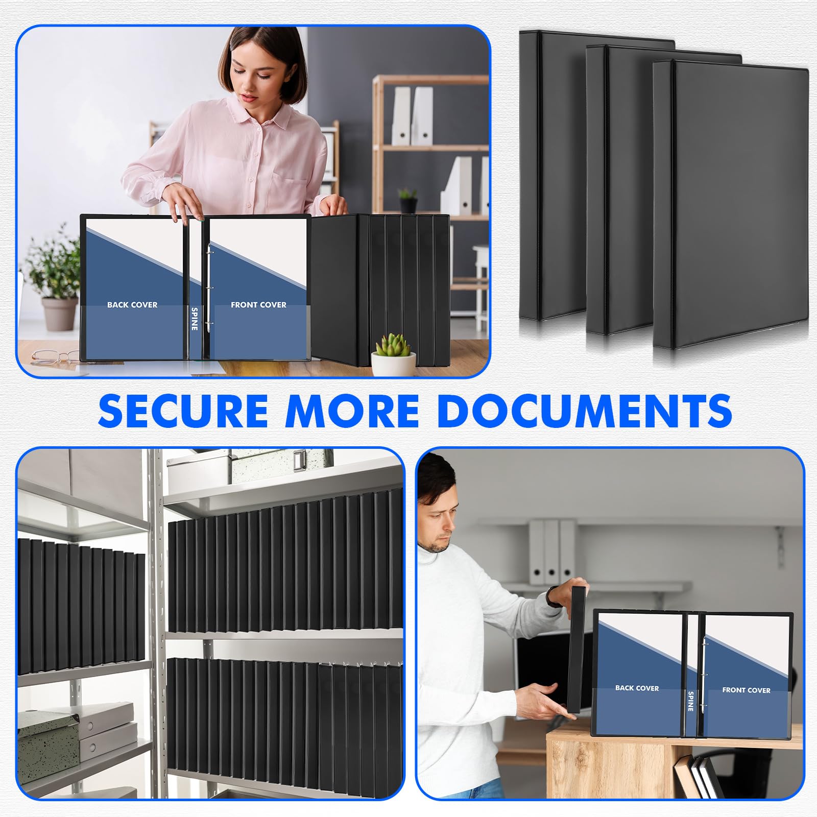Sinload 3 raccoglitori a 3 anelli da 27,9 x 43,2 cm, con tasche, cartella per presentazioni, con copertina trasparente personalizzabile per documenti, file e progetti, nero