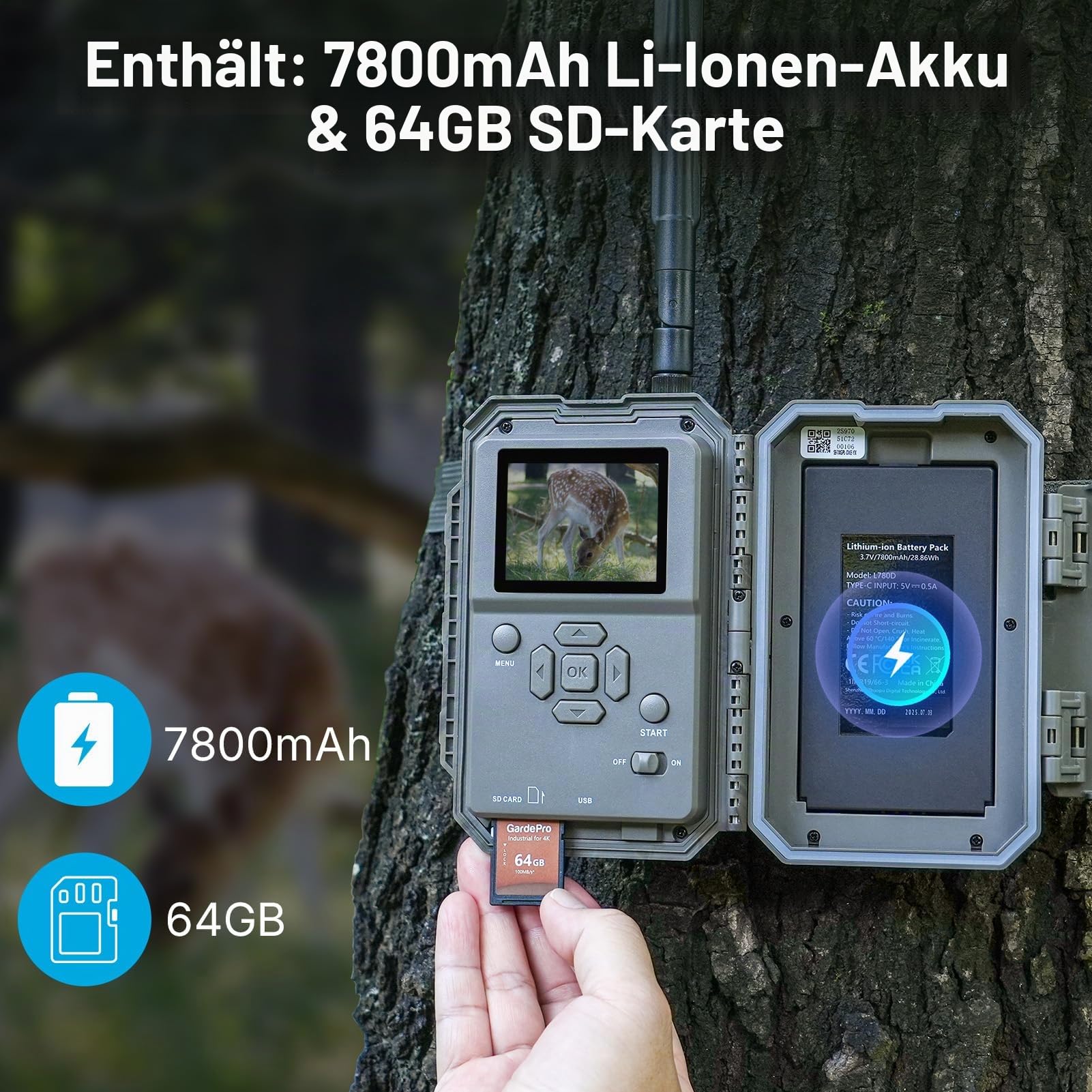 Meidase S970 Pro 4G LTE Wildkamera, 48MP 1296P, Mit Live Streaming, Nachtvision, 0.1s Bewegungsaktivierung, App Übertragung, Mit 7800mAh Wiederaufladbarem Lithium Akku und 64GB SD Karte, GPS