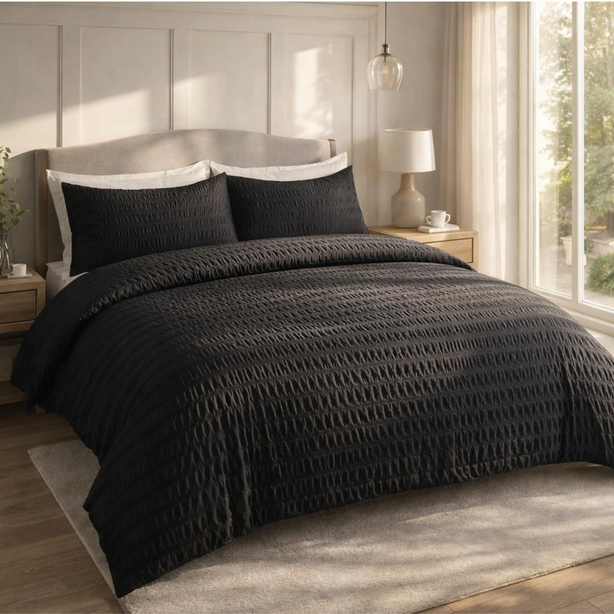 Q & H QUALITY HOUSEHOLD Q&H Bedding Black Seersucker Duvet Cover Set Single with Pillowcase - Ultra Soft Brushed Microfiber Quilt Cover - Breathable, Textured, Easy Care, Machine Washable