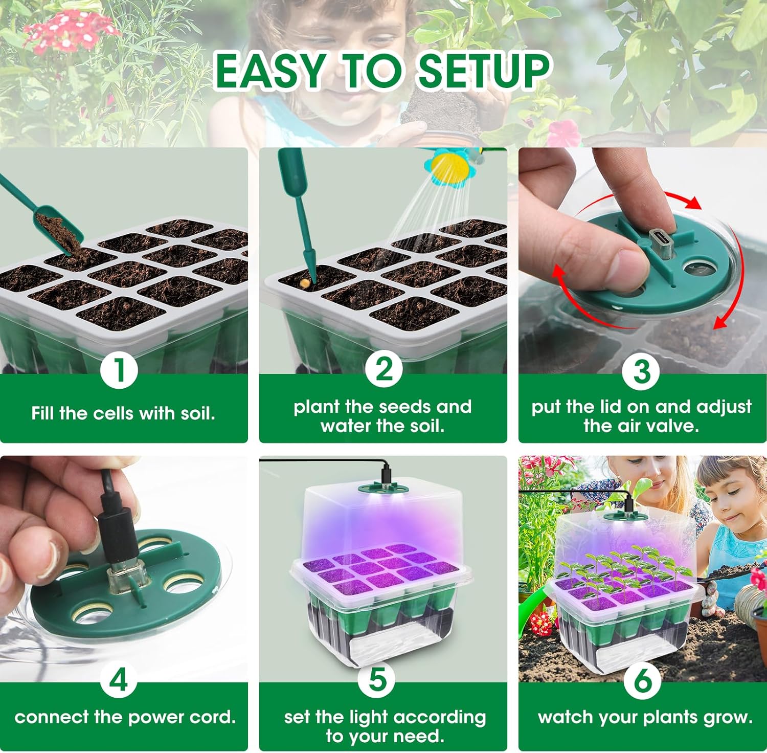 MYMULIKE Seed Starter Tray with Grow Light,5 Pack 60 Cells Seedling Tray Kit Reusable & Dishwasher Safe for Starting Vegetable, Flower & Herb Seeds Indoor Grow Kit for Deep-Rooted Seedlings