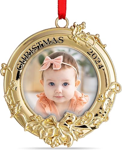 Klikel Adorno de fotos de Navidad 2023 Marco de fotos dorado adorno de Navidad 2023 Adorno de imagen para árbol de Navidad grabado Navidad