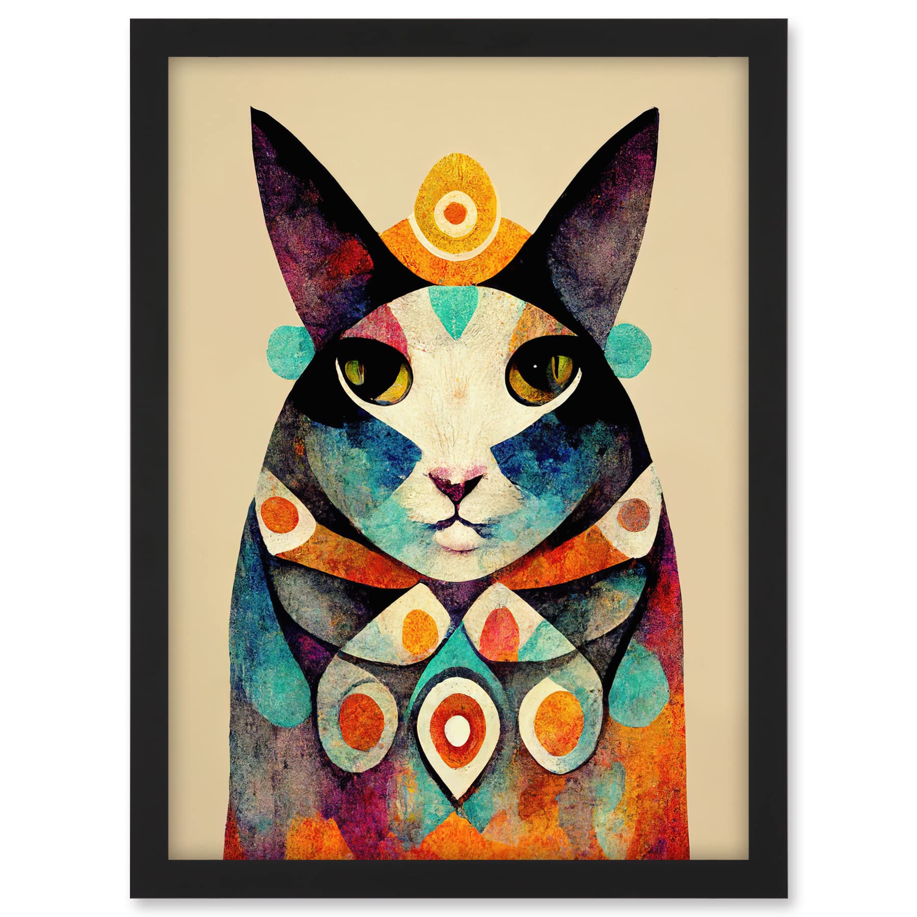 Wee Blue Coo Quirky Boho Abstract Modern Shaman Guru Cat Artwork Framed A3 Wall Art Print