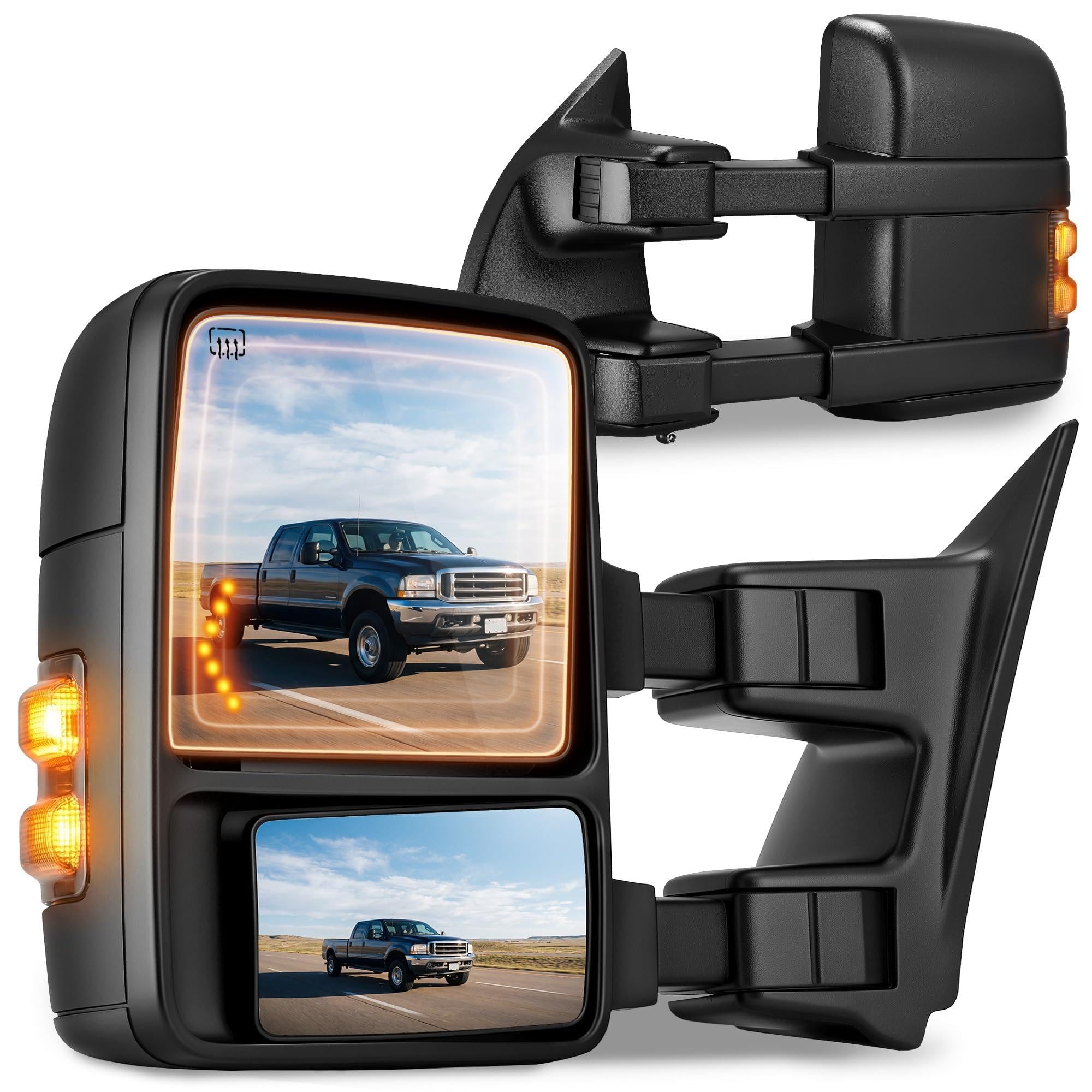 LEDKINGDOMUS Towing Mirrors Pair Compatible with 1999-2007 Ford Super Duty | Compatible with 99-07 F250/F350/F450/F550, 01-05 Excursion, Power Heated, Mirror Signal Light, Side Mirror W/Smoke Light-image-47