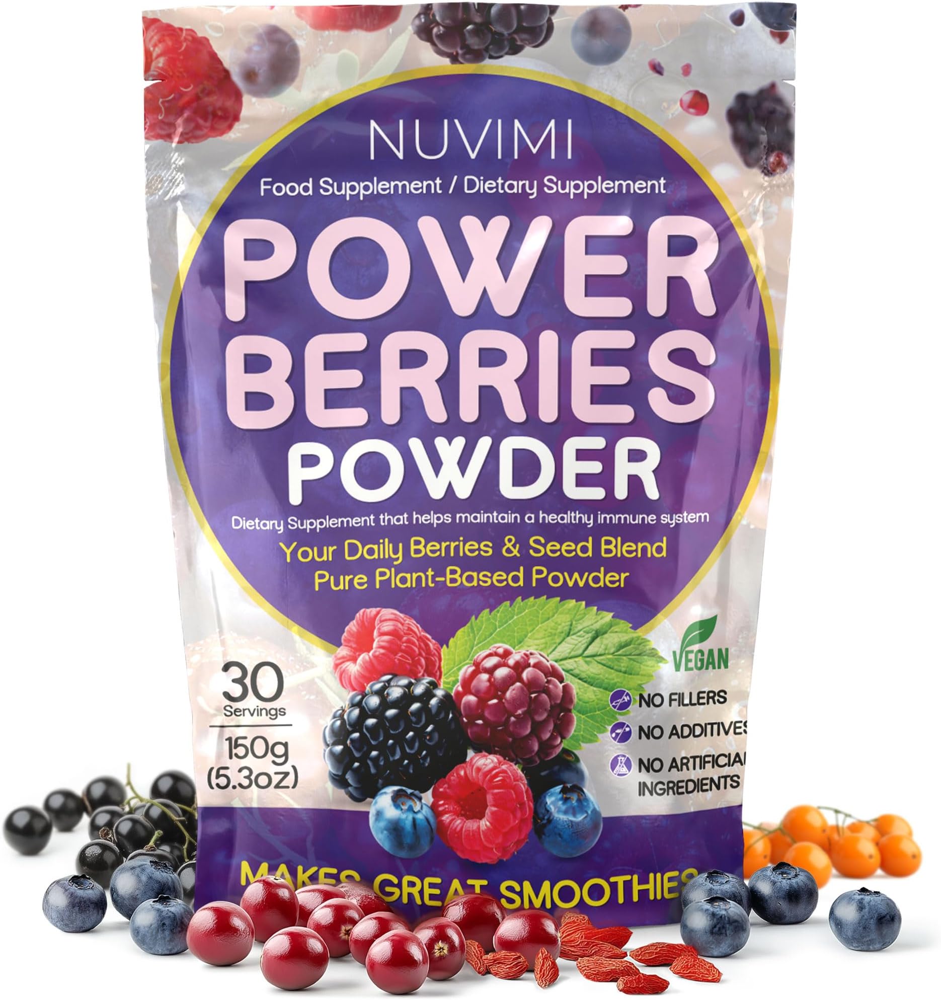 Berries Superfood Powder 150g, Immune Support Food and Dietary Supplement, 8 Vegan Superfoods Smoothie Mix for Nutritional Shakes, Juice Drink & Beverages