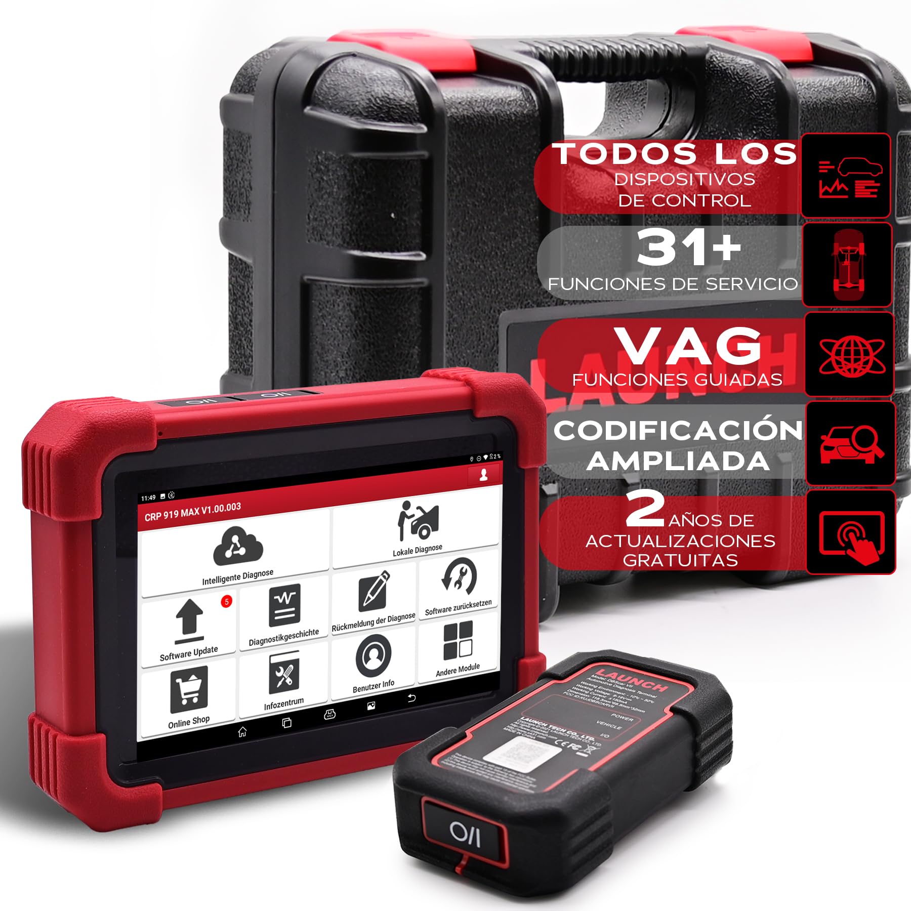 Launch CRP 919 MAX, Dispositivo OBD2 para diagnóstico de Autos, Lee Errores y Sistemas de Todas Las Marcas, con 31+ Funciones como Aceite, EPB, DPF, batería, codificación ECU y CANFD DoIP. | Codificación ECU, +35 Funciones, Diagnóstico Total, Pruebas Acti