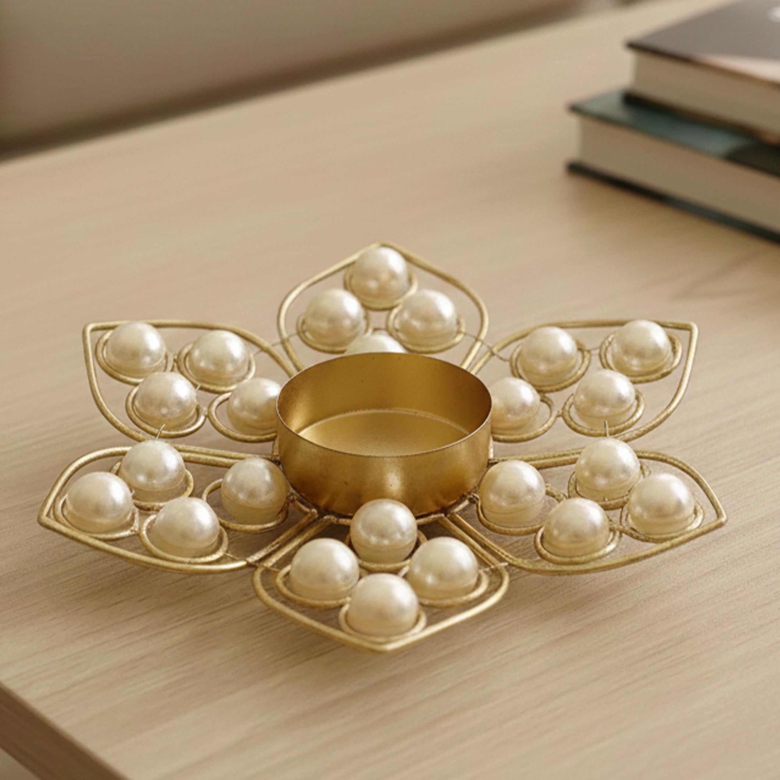 Golden Wire & Pearl Lotus Tealight Candle Holder | Decorative Metal T-Light Holder with Pearl Embellishments | Festive Diwali Home Décor & Gifting-image-6