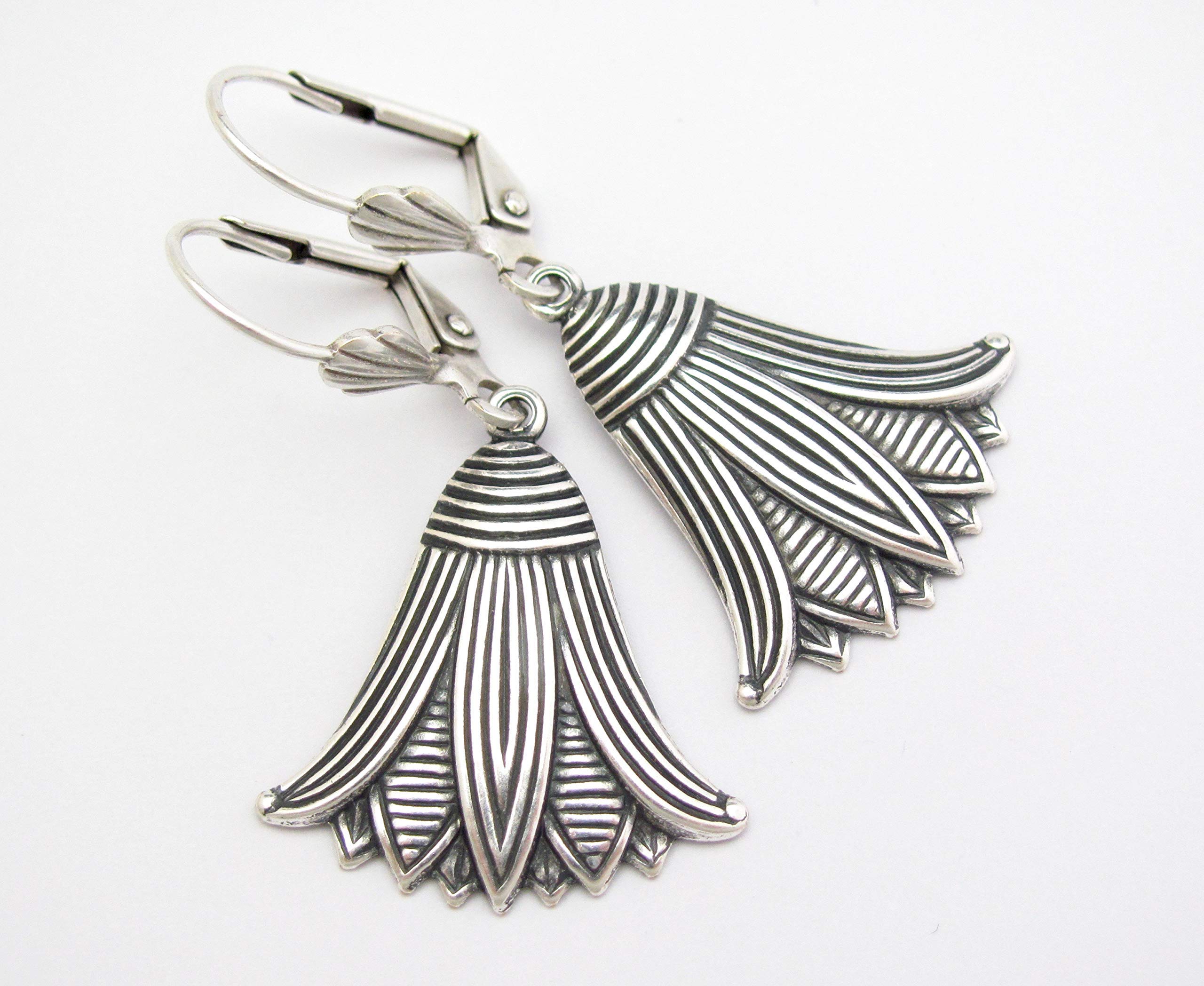 Art Deco Design Earrings Egyptian Revival Lotus Flower Antiqued Silver-tone Dangle