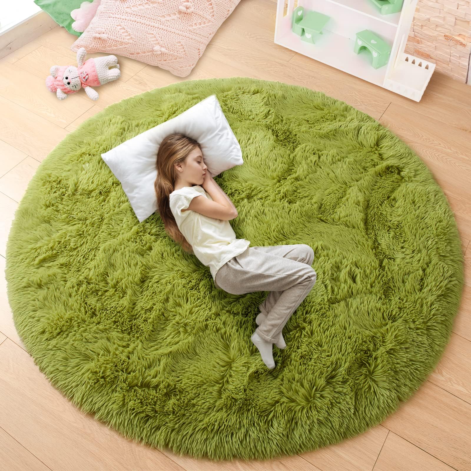 Round Rug, 4ft, Green, Soft Area Rugs for Kids Girls Room Decor, Fluffy Shaggy Carpet, Circular Nursery Rug for Baby Room Home Decor