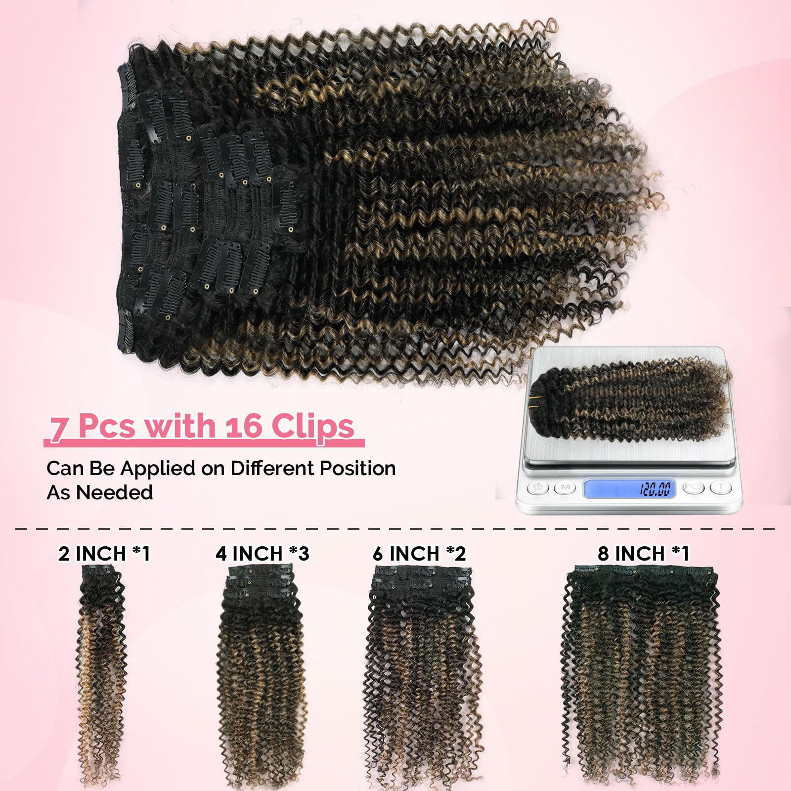 Yuniffe Kinky Curly Clip in Human Hair Extensions for Black Women 3C Curly Hair Clip ins Ombre Natural Black to Black Mixed With Camel Blonde #27 Double Weft Remy Kinky Hair Clip ins 20 Inch 7Pcs 120g - Image 4