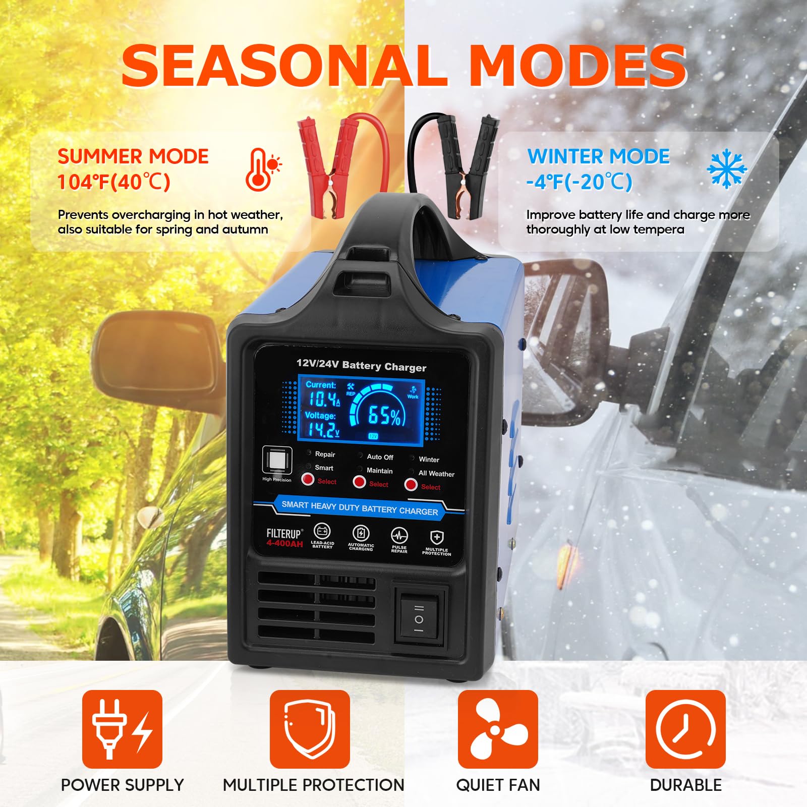 Caricabatterie al piombo-acido da 12 V 24 V, resistente, 0-15 A Smart Automatic Battery Maintainer, caricabatterie con riparazione, spegnimento automatico, modalità inverno ed estate, per auto, camion