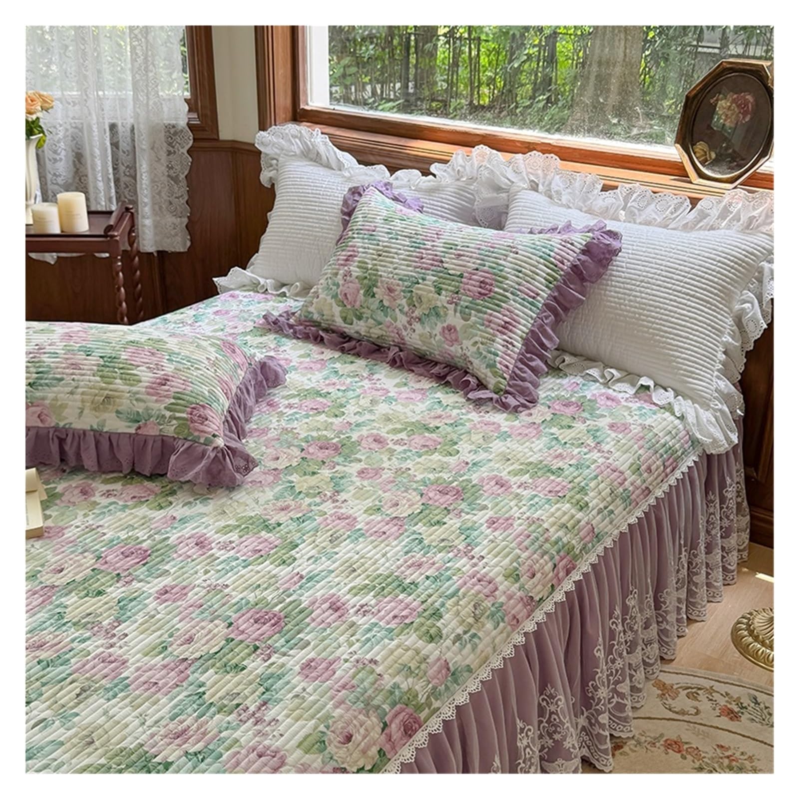 3Pcs Lace Ruffles Quilted Bed Skirt, Mattress Cover, Bedspread, Sheet, With Pillowcases, Suitable For 1.2M/1.5/1.8/2M(40 * 29mm,180X200cm 3pcs)