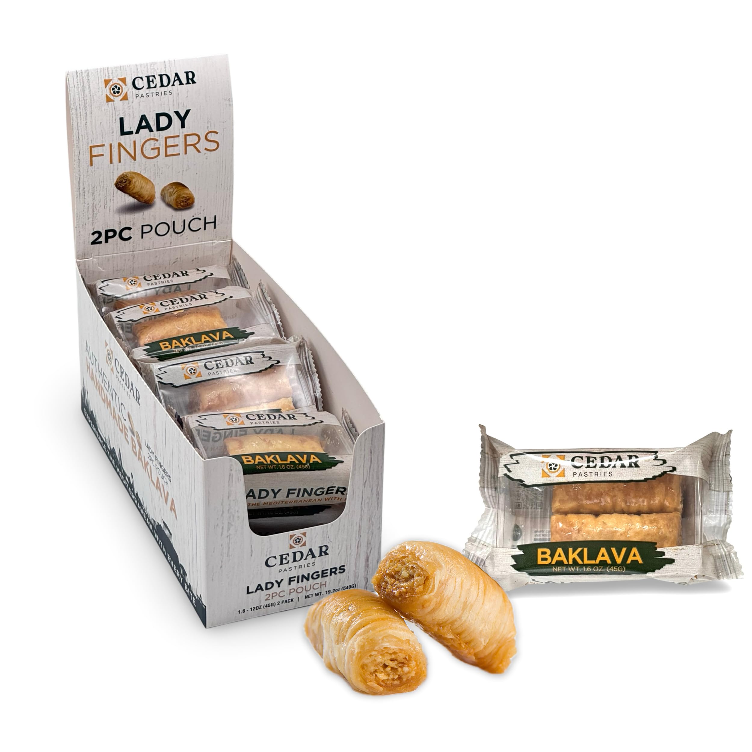 Cedar Pastries Cashew Baklava 2-Pack On-The-Go Lady Fingers (Master Box of 12)