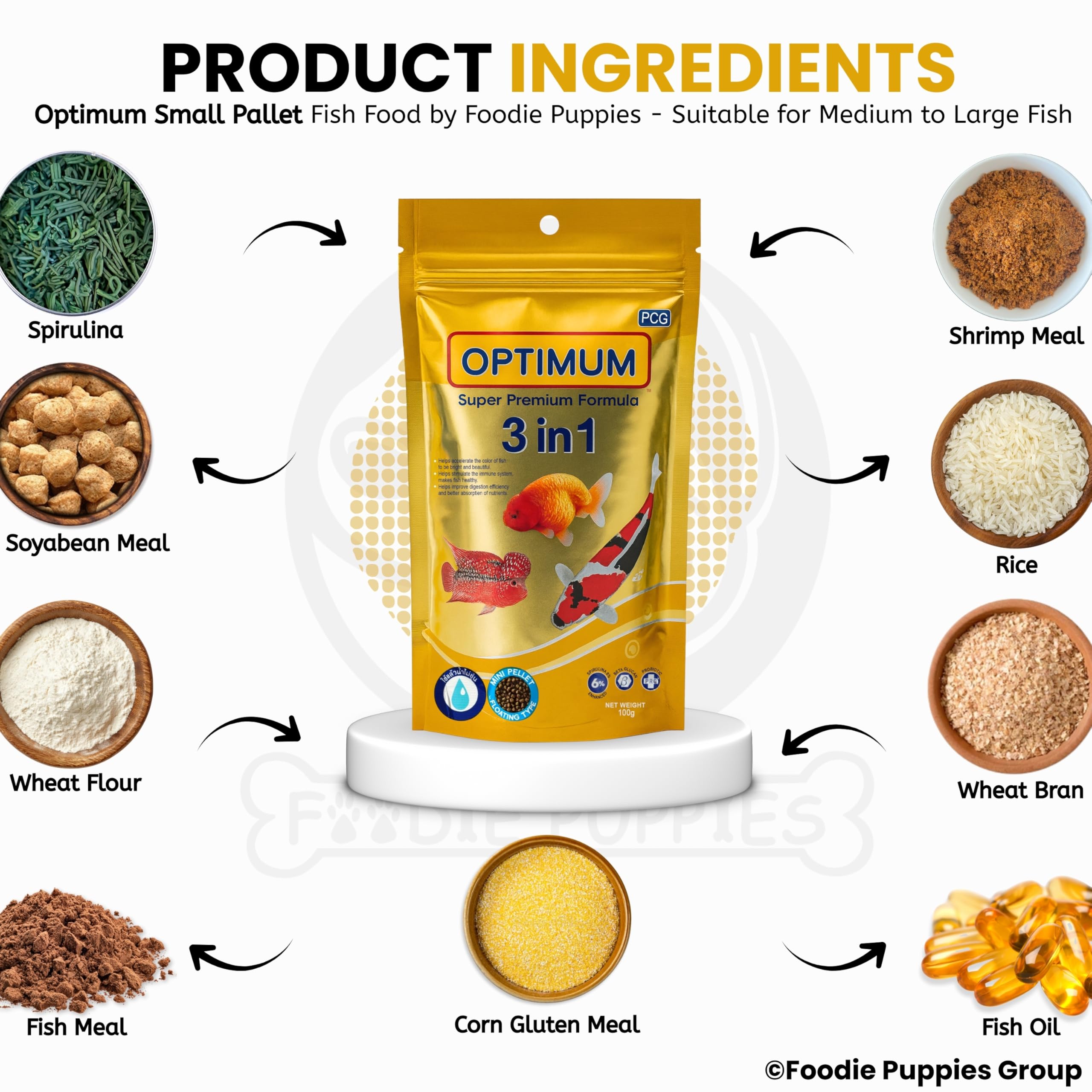 Foodie Puppies Optimum 3-in-1 6% Spirulina Fish Food - 100gm, Pack of 12 | Premium Formula Fish Food for Carp, Goldfish, and Cichlid Spirulina Floating Type Mini Pellet with Free Key Ring 3