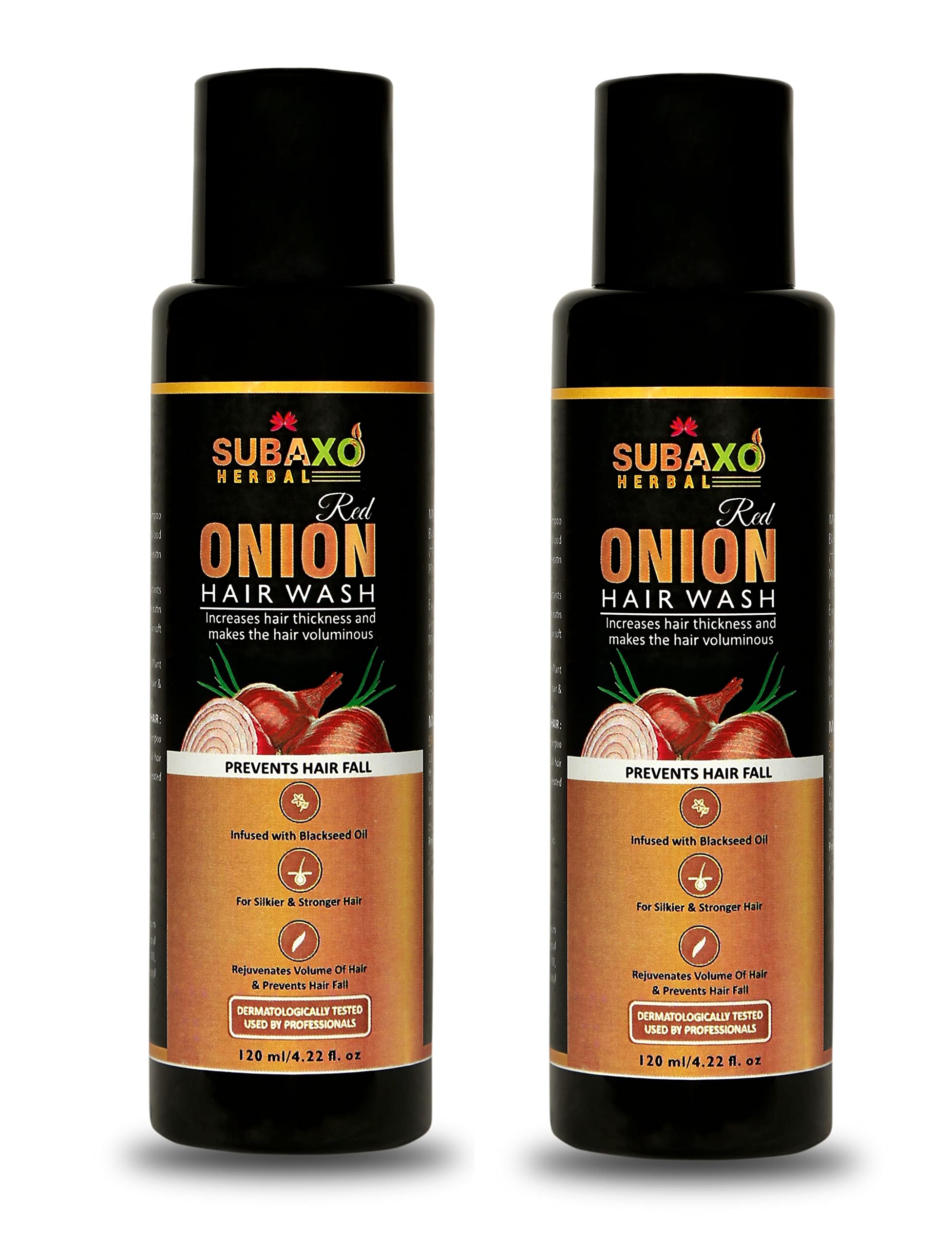 SUBAXO Red Onion Herbal Shampoo | Reduces Hair Fall |Makes Hair Silkier & Stronger | (120ml x 2, Pack of 2)