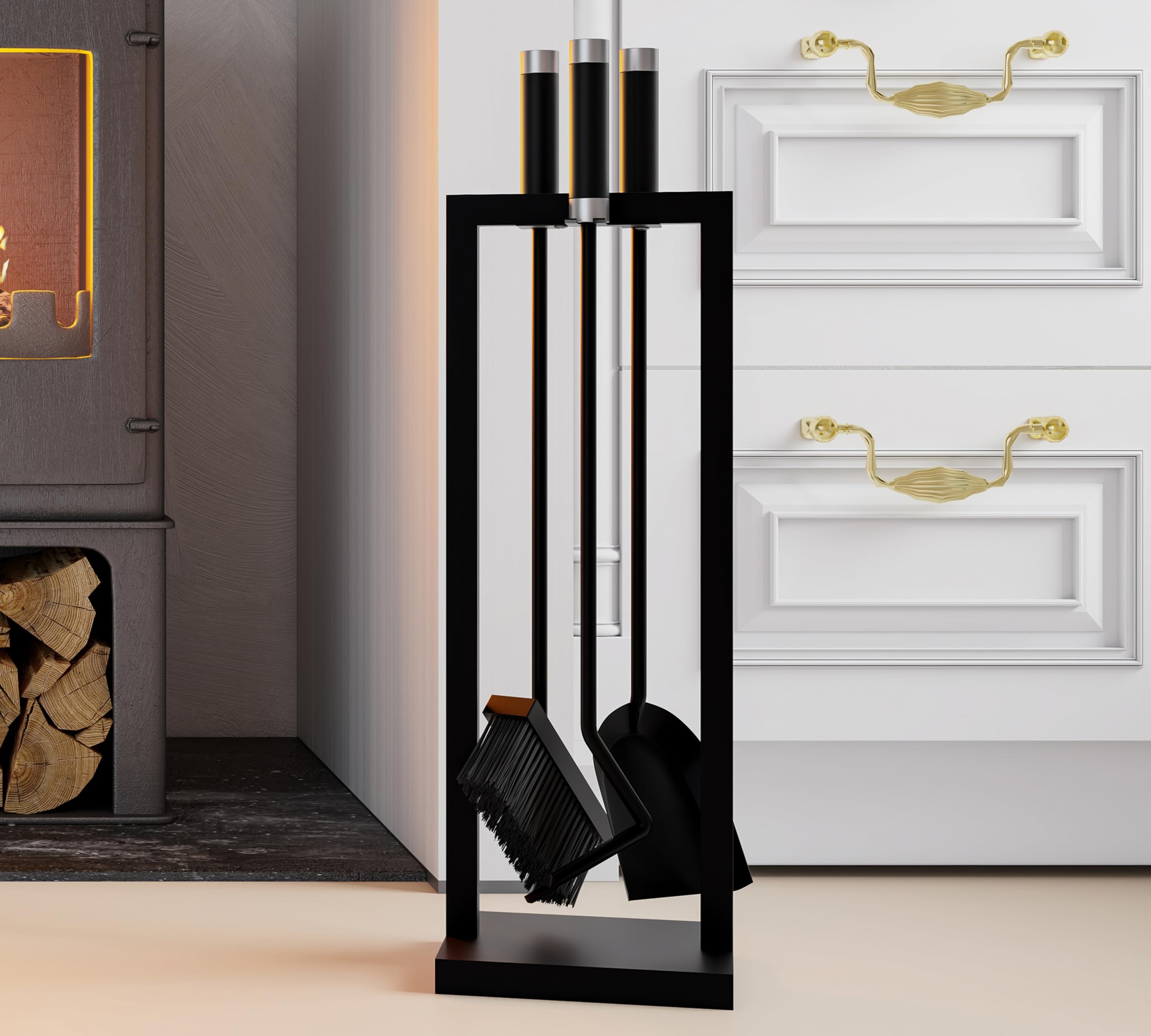 Kingson – Set di accessori per caminetto, 3 pezzi, con supporto – Include pala, spazzola e attizzatoio – Nero con rivestimento in polvere, manici in acciaio e inossidabile – 59,5 cm