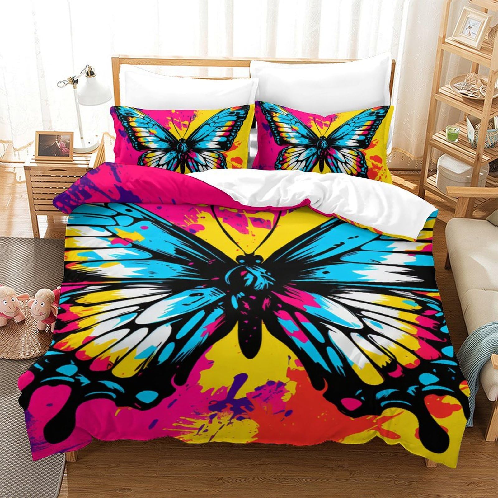 Housse de couette papillons 3D 140x200 avec sa taie d'oreiller en microfibre pour lit enfant single