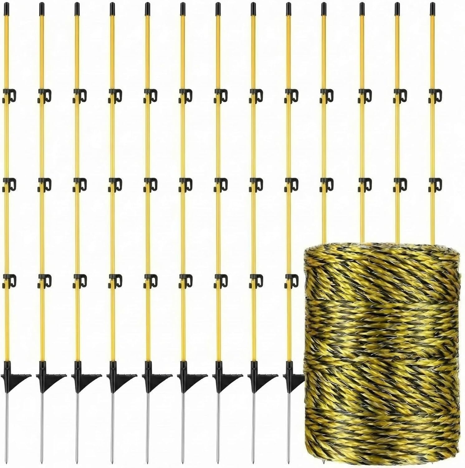 Sasylvia 36 Pcs 45 Inch Fiberglass Electric Fence Posts with 328 ft Poly Wire – Easy Step-in Temporary Electric Fencing Kit for Sheep, Lambs, Deer, Livestock, Garden, Backyard, Farm(Yellow Black)
