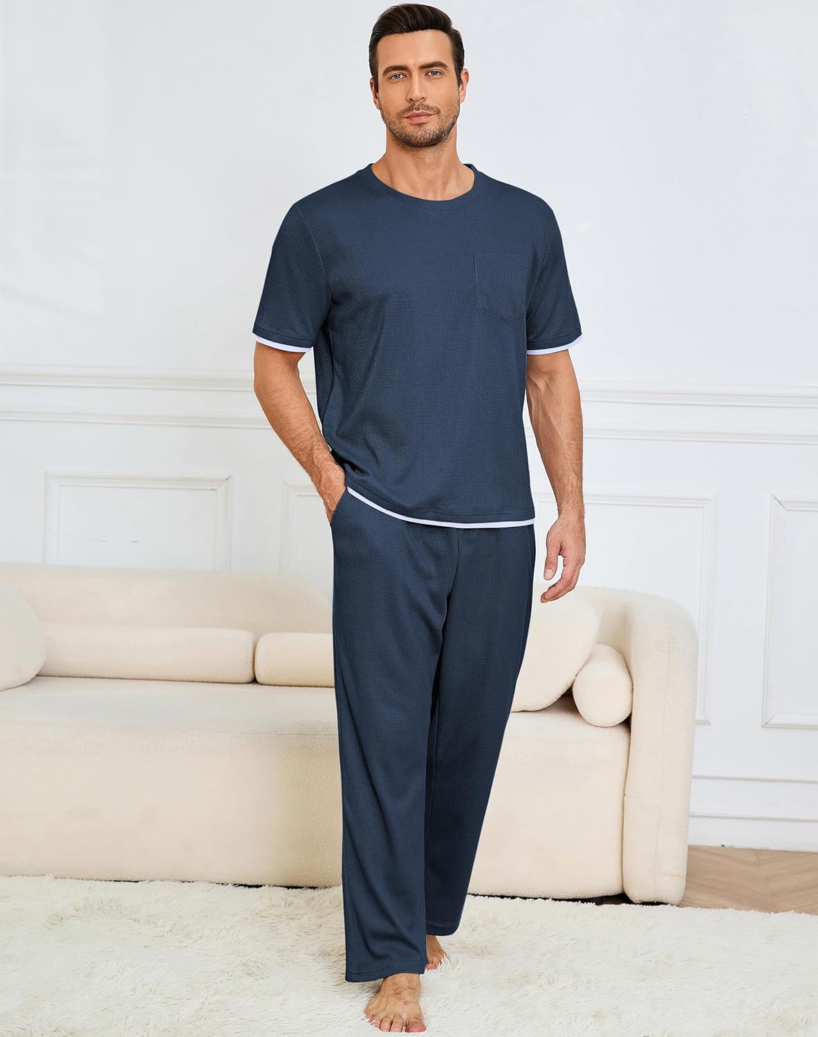 Andeip Mens Pajamas Set Waffle Crew Neck Loungewear Cozy Sleepwear Short Sleeve Top and Long Pants Pj Set with Pockets - Image 4