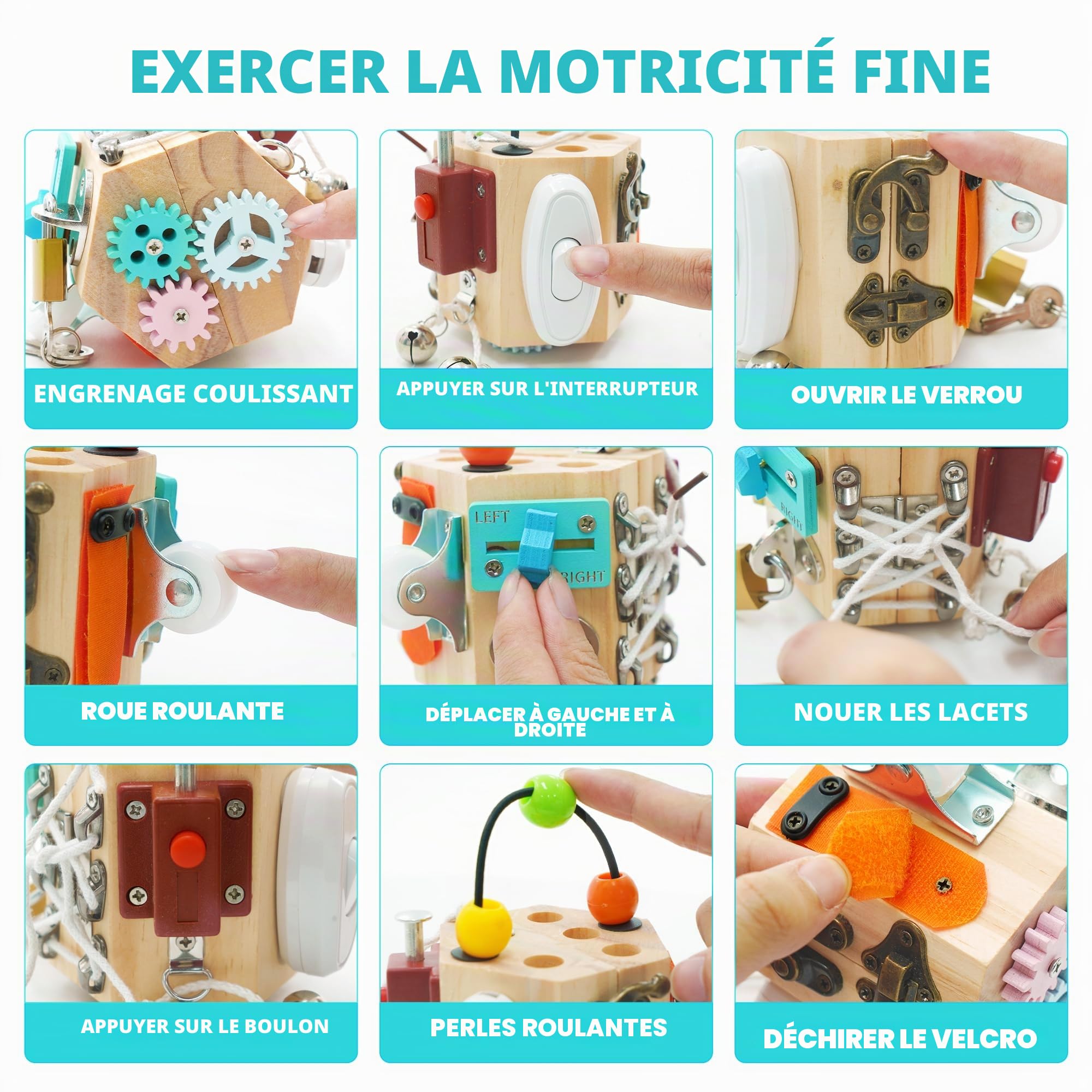 Busy Board Jouet Educatif pour Apprendre Motricité Fine,15 en 1 Busy Board Bois Cubique Activit Sensoriel pour Enfants,Jeux Portable pour Enfants Activités Montessori 3 4 Ans