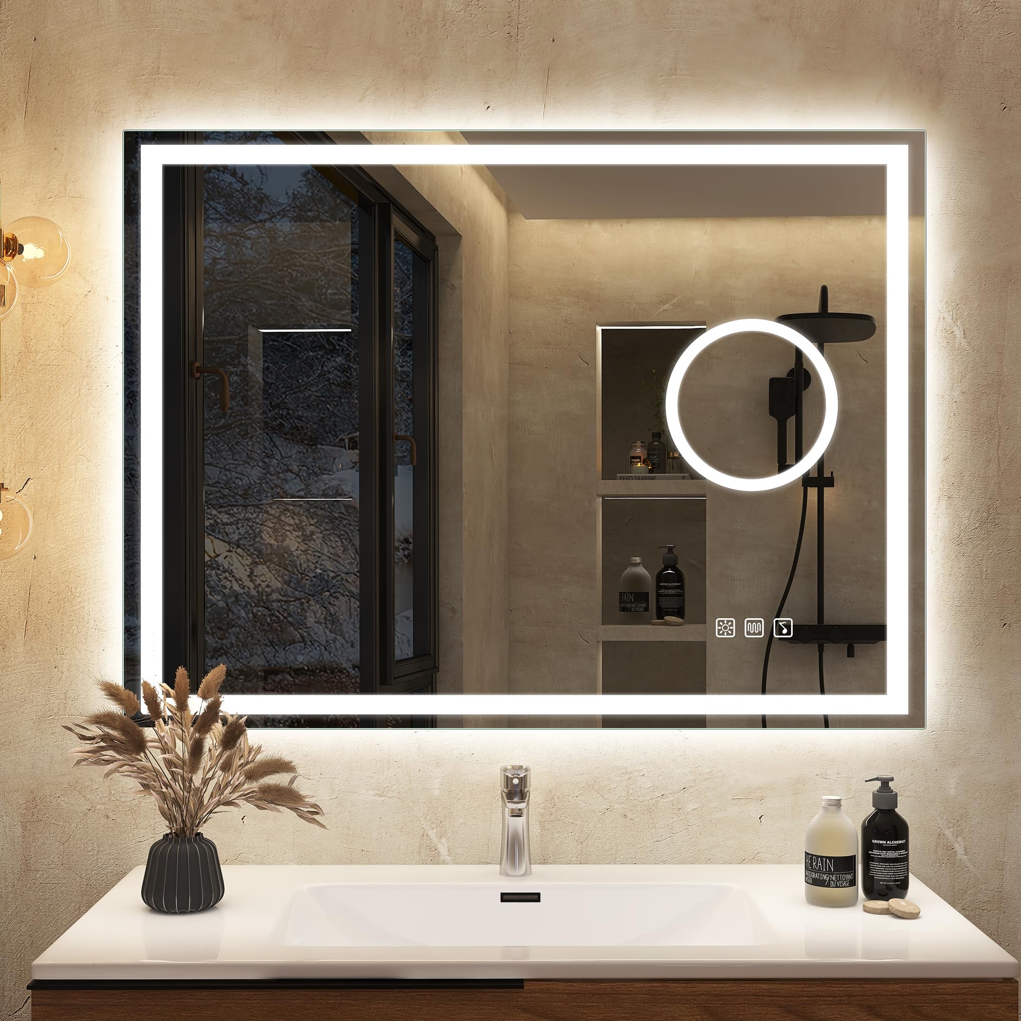 S'bagno Bluetooth Bathroom Mirror with LED Lights 80x60cm, LED Mirror Bathroom with 5x Magnifier, Anti-Fog, 3000-6500K, Dimmable, Memory, HD Tempered Glass, IP44 Waterproof, Horizontal/Vertical — image 1