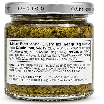 CAMPO D'ORO - Basil Pesto with Pecorino, Sicilian Creamy Pesto, 6.35 oz