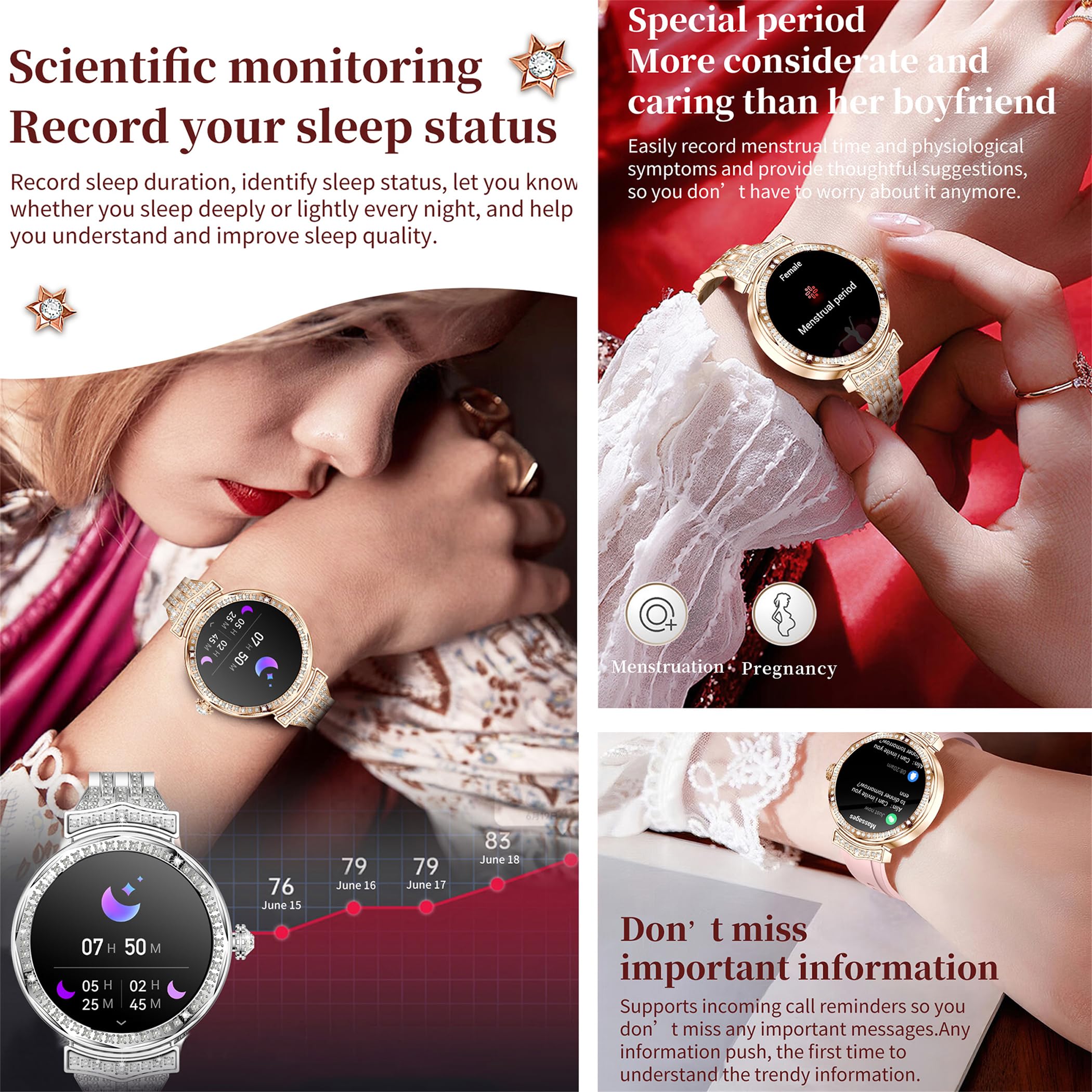 Orologio intelligente da donna con chiamate Bluetooth, display touch AMOLED da 1,32", 5 ATM, con misurazione della pressione sanguigna SpO2, contapassi, monitor del sonno, orologio fitness per