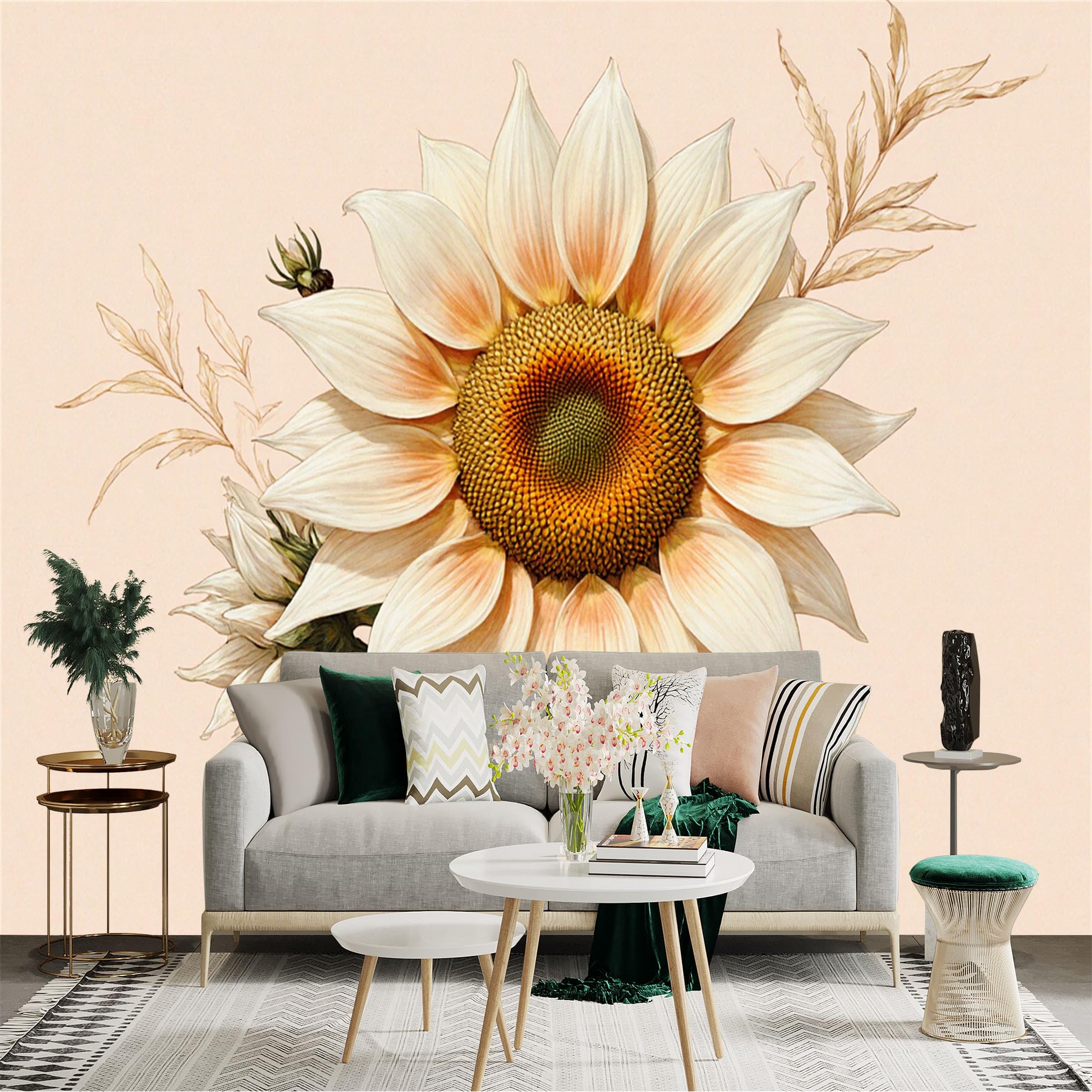 Custom Size Wall Sticker Mural， Elegant White Sunflower， Vintage Botanical Illustration， Soft Pastel Background， Floral Art Print， for wall Decoration， peelandstick wall Decals.