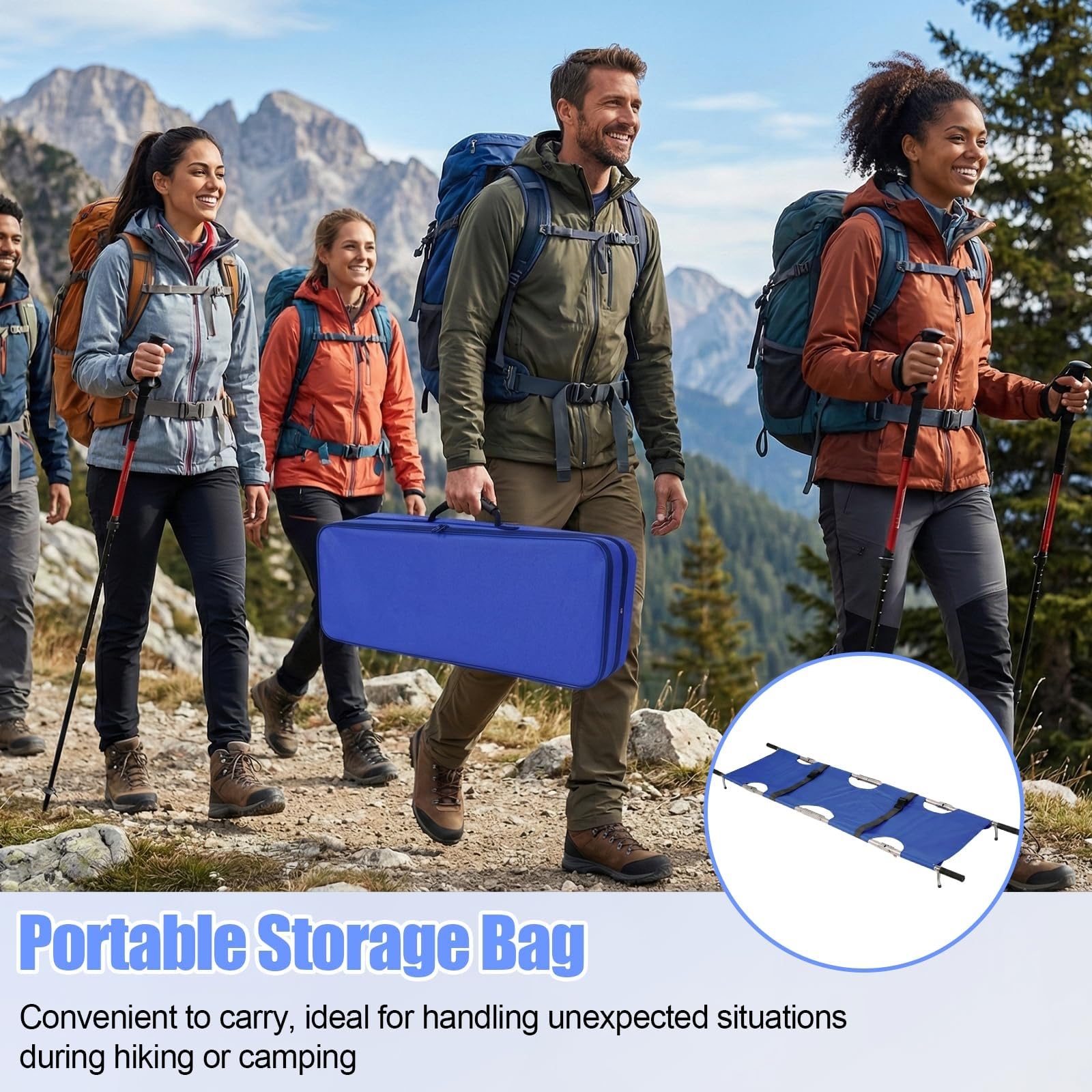 Camilla plegable portátil, Camilla médica de emergencia de Acero inoxidable de Alta resistencia, plegable en 4 secciones, con Tela Oxford, correas de seguridad y, Blue