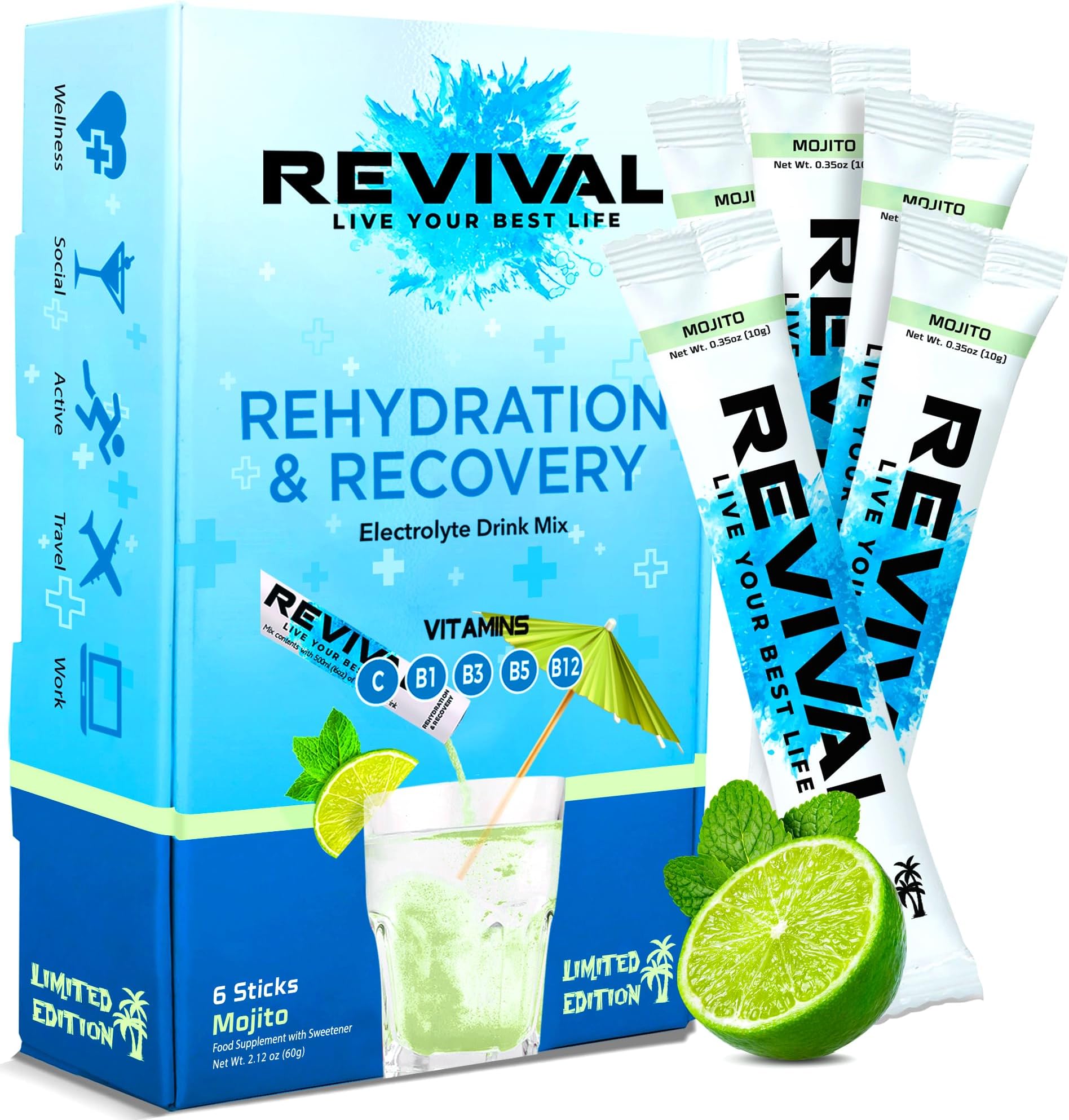 – Revival Rapid Rehydration Sachets Electrolytes Powder High Strength Vitamin C, B1, B3, B5, B12 Supplement Sachet Energy Drink, Effervescent Electrolyte Hydration Tablets 6 Pack Mojito Flavours