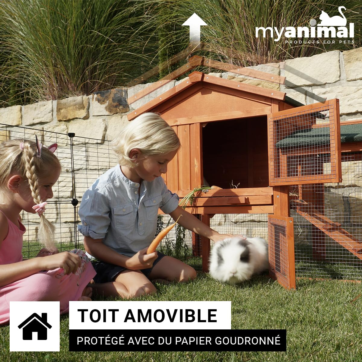 Miweba MyAnimal Clapier Lapin MH-03 | Extra Large avec 66 cm - Maison à Deux étages - Cage pour Lapin - Bois de pin - Polyvalent - Résistant à l'hiver - 2 Niveaux (Brun)
