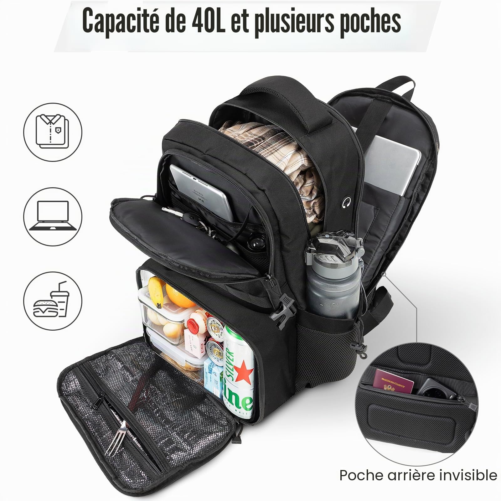 Sac à dos isotherme pour homme avec boîte à déjeuner de 6 L : sac à dos de 40 L pour homme avec compartiment pour ordinateur portable, sac de travail avec boîte à déjeuner sac isotherme pour l'école