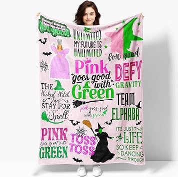 50 x 40 Elphaba Hat Glinda Witch Pink Flannel Blanket, Magic Movie Land Blanket, Evil Gift Queen Throw Broom, All Seasons Warm Cozy Soft Blanket for Sofa Chair Bed Halloween Women Fans 3