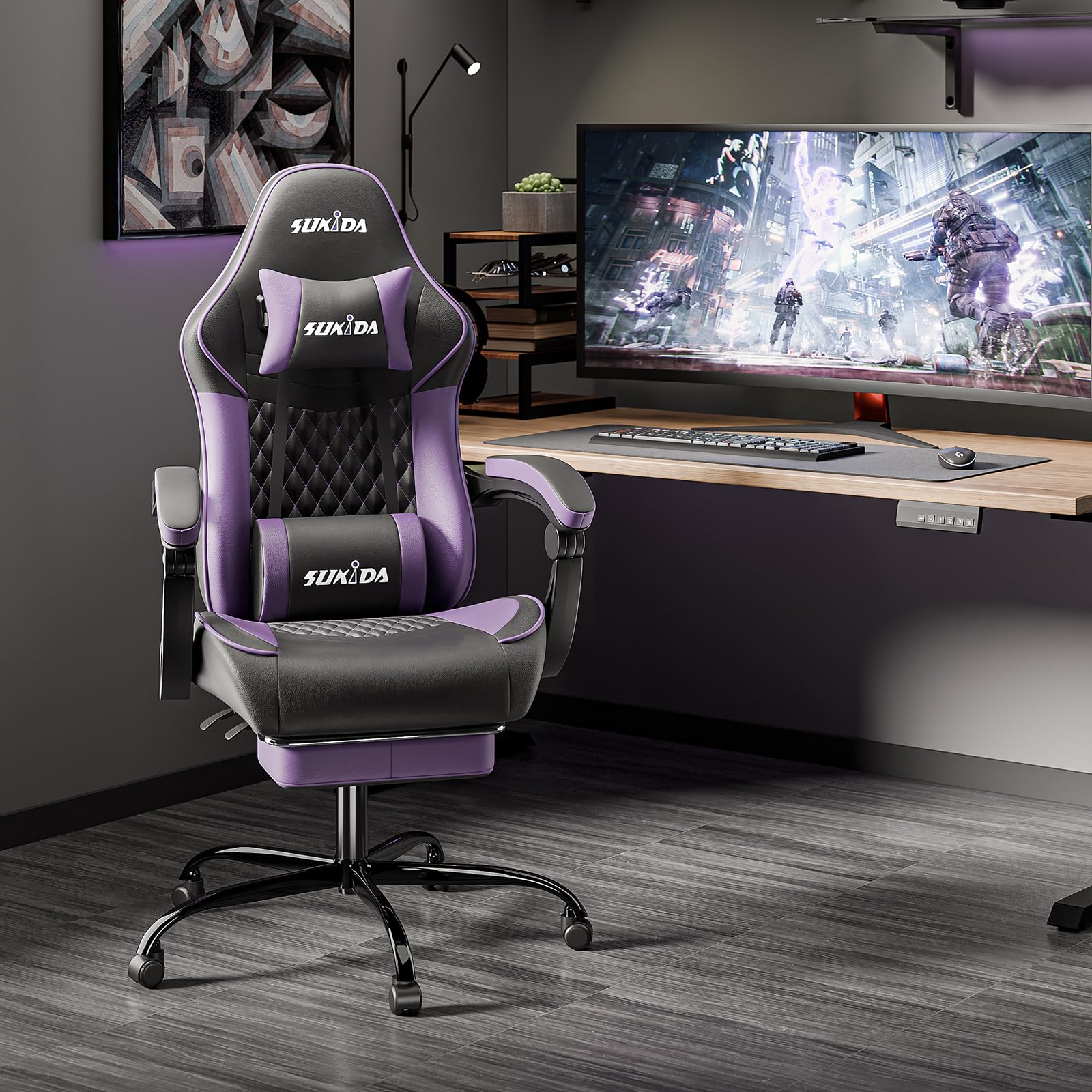 SUKIDA Chaise de Jeu, Chaise d'ordinateur Ergonomique avec Repose-Pieds, Chaise de Bureau Confortable avec appuie-tête, Chaise de Jeu Massage pour Adulte, Chaise d'ordinateur réglable en Hauteur