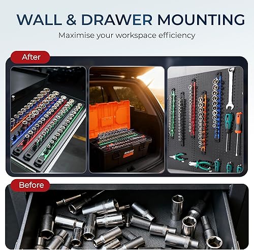 Miniatura 8 de Juego de organizador de enchufes magnéticos, 3 piezas de 1/2 pulgada 3/8 pulgadas 1/4 pulgadas de aleación de aluminio con 40 clips extraíbles Negro