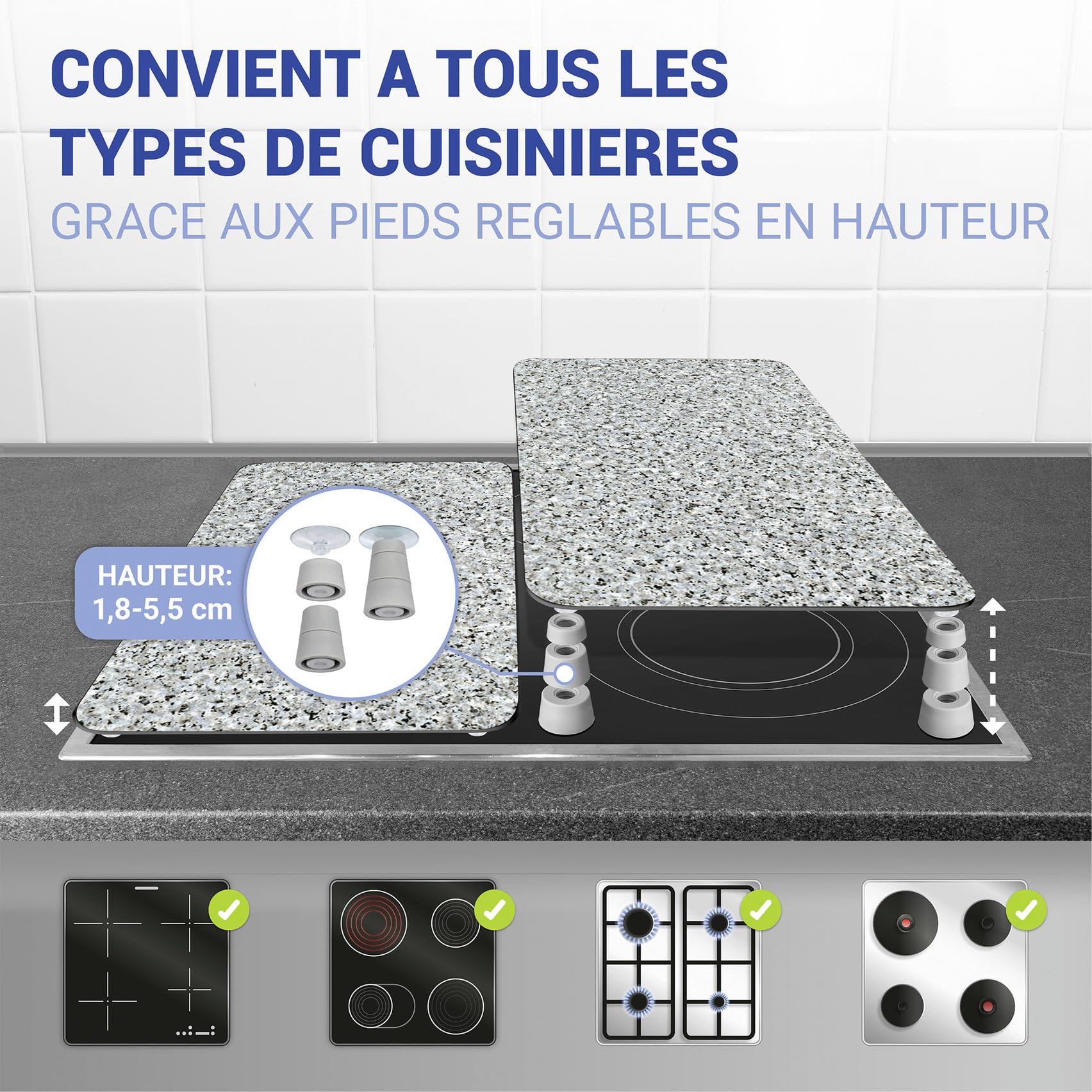 WENKO Plaque de Recouvrement Universelle Mod. Granit, réglable en hauteur pour tout type de cuisinière, planche à découper et protection anti-éclaboussures, verre, 30 x 52 cm, 2 pièces