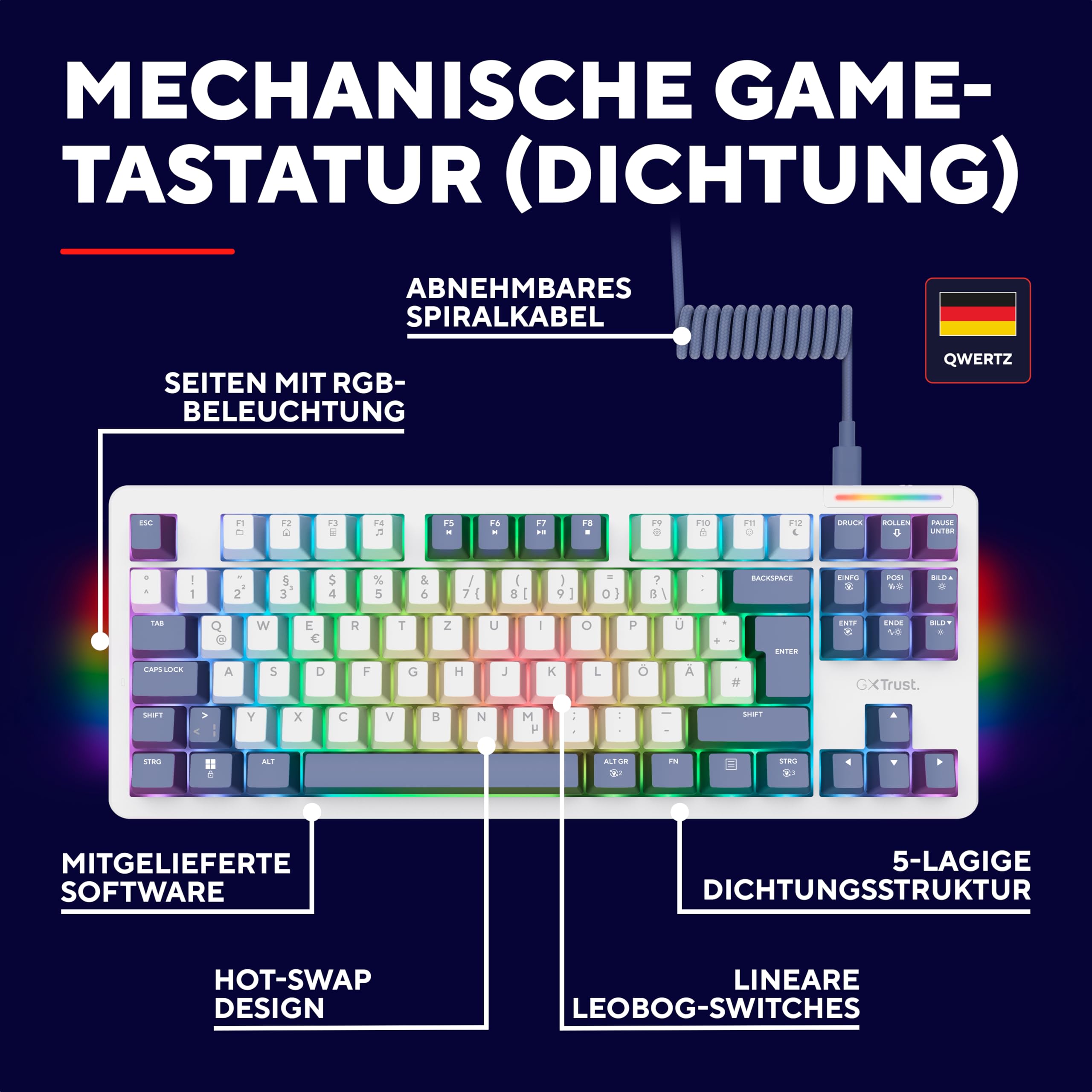 GXTrust 872 Xyra Gasket TKL Mechanische Tastatur QWERTZ Layout, Hot-Swap Creamy Gaming Tastatur 80%, USB Kabel, RGB Beleuchtung Programmierbar, 5-pin Leobog Linear 60M Schaltern für Gamer, Weiß