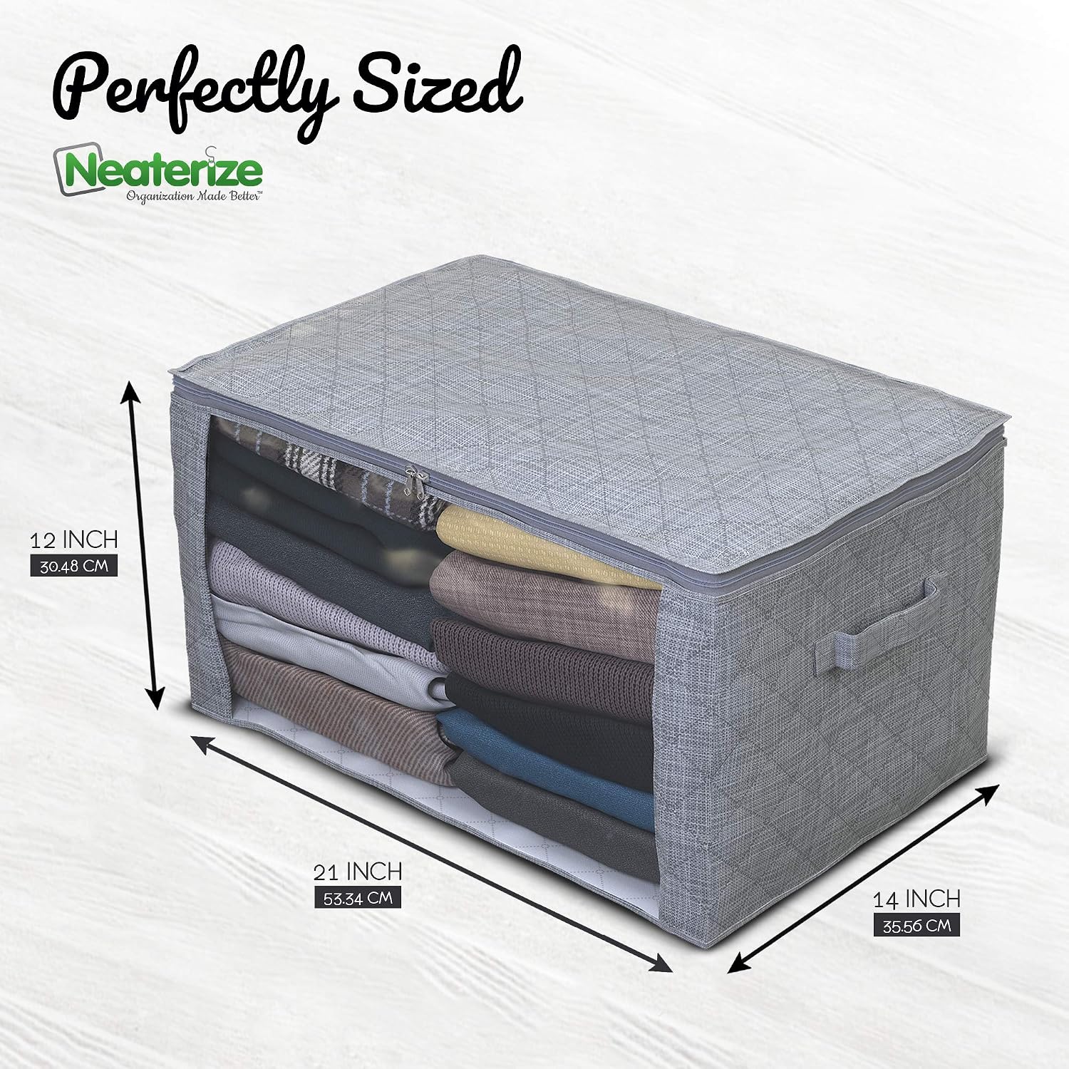 NEATERIZE 4 Pack Storage Bags | Ultra Thick Closet Storage Organizer with Reinforced Handles & Zipper | Fabric Clothes Organization and Storage Bins with Lids for Clothing & Linen (Medium - Grey)
