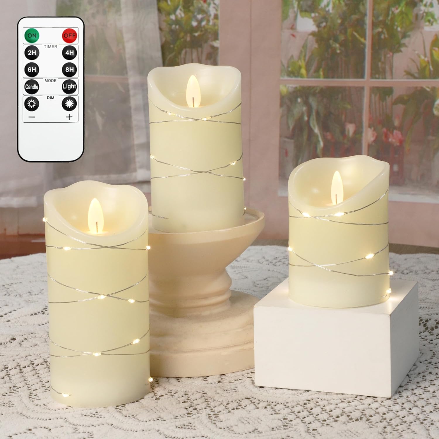 White Flameless Candles with Embedded Fairy String Lights, Battery Operated LED Flickering Pillar Candles with Remote Control and Timer, Set of 3 Real Wax for Holiday Wedding Decoration