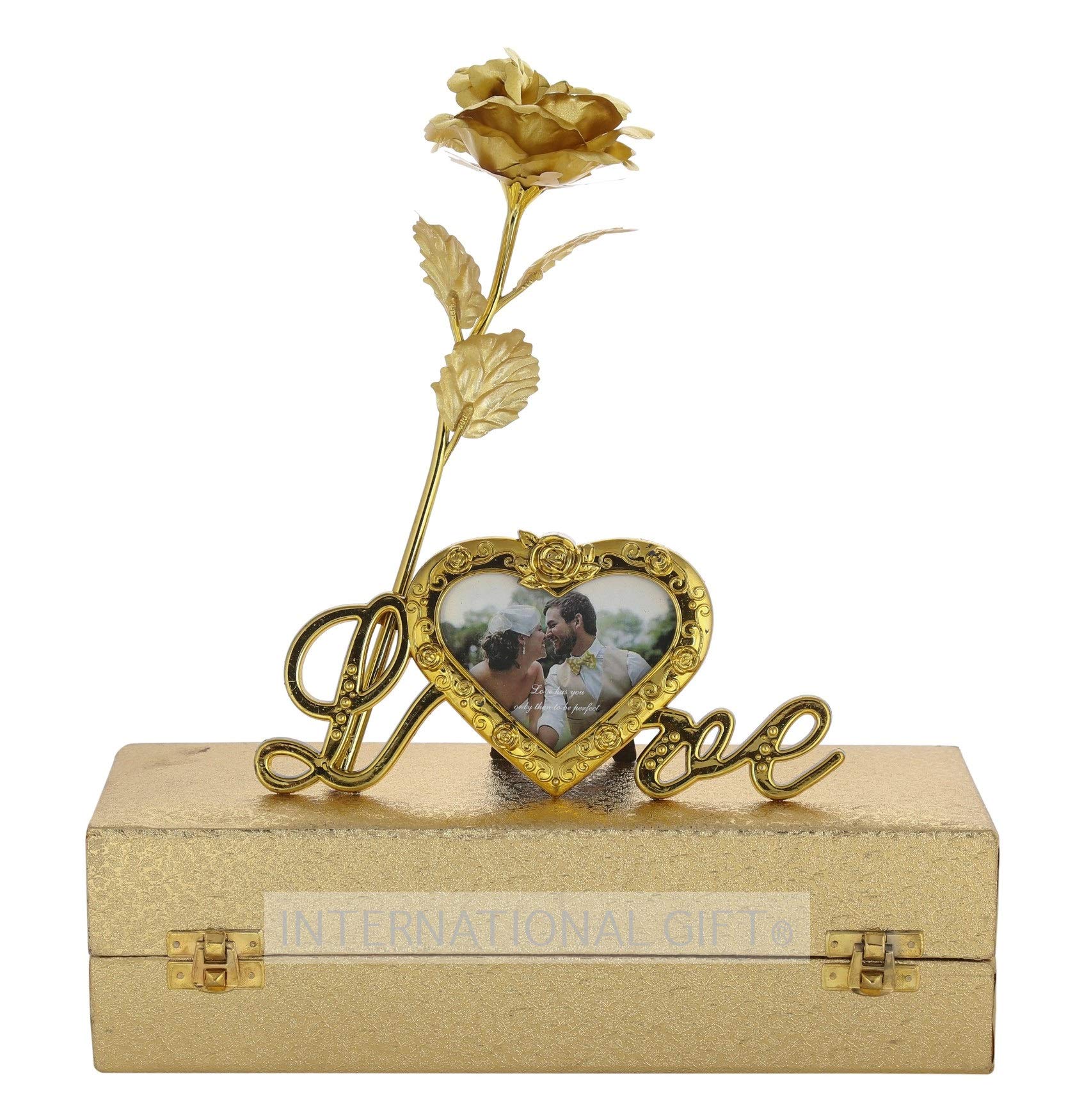 INTERNATIONAL GIFT® Golden Rose Flower Present Foil Life Long with Heart Photo Frame Love Shape Stand and Luxury Gift Box (Golden) 25 Cm-image-40