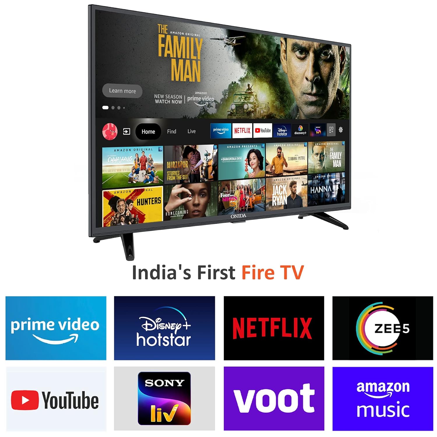 Onida 43FIF Smart Fire TV displaying the Fire TV OS home screen with various streaming app logos
