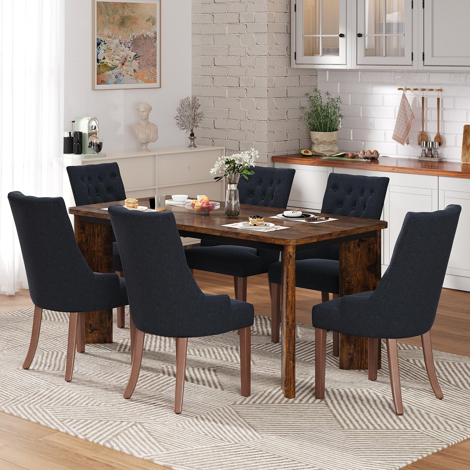 MALOL 7-Piece Rectangular Dining Table Set for 6, 63" Industrial Kitchen Table with 6 Tufted Parsons Dinner Chairs for Dining Room, Kitchen, Living Room, Brown+Black