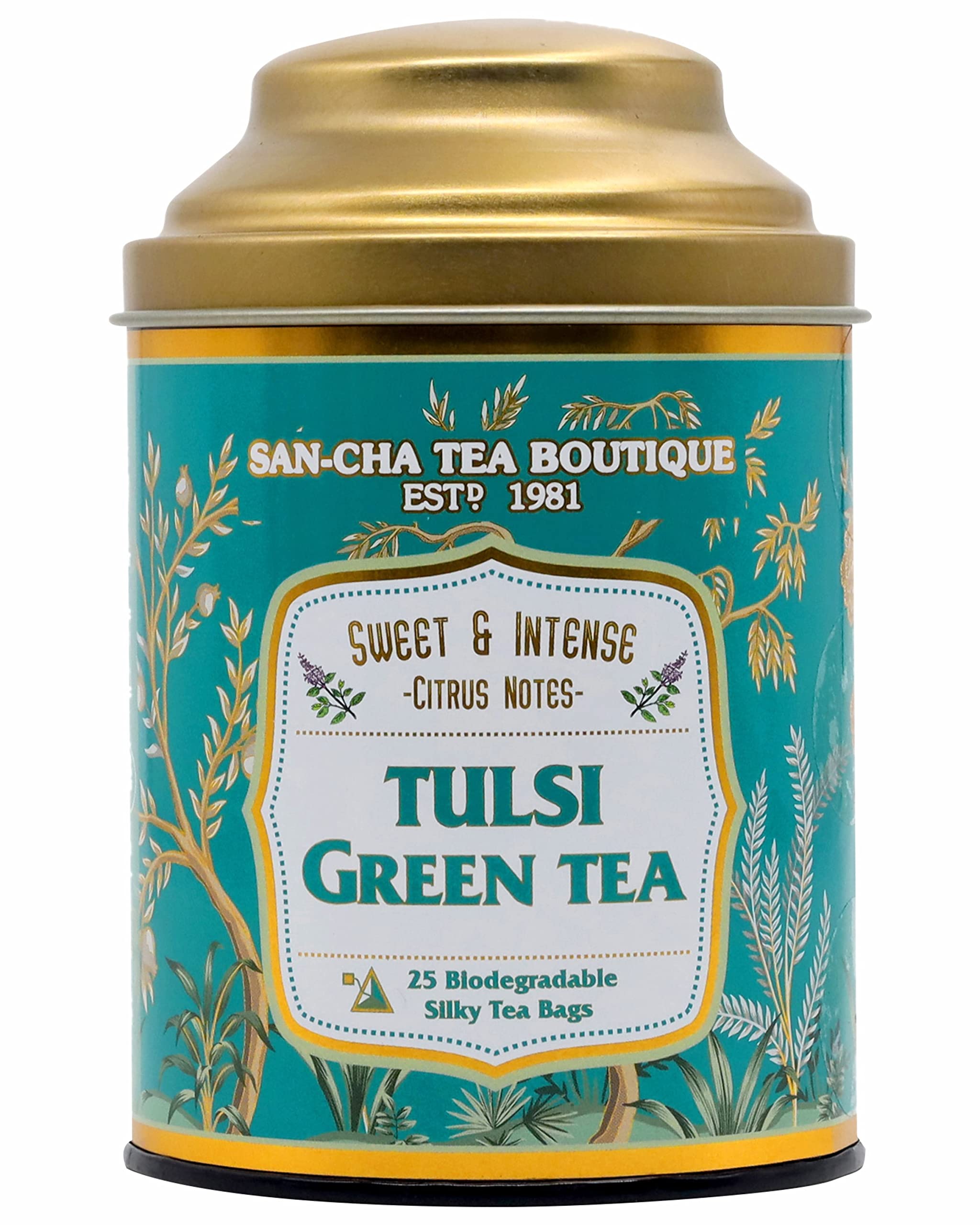 Sancha Tea Boutique Tulsi Green Tea Bags (Pack of 25), Pyramid Tea Bags, 100% Rainforest Alliance Certified Tea, Sweet Citrus Aroma, Natural Detox, 100% Biodegradable Tea Bags