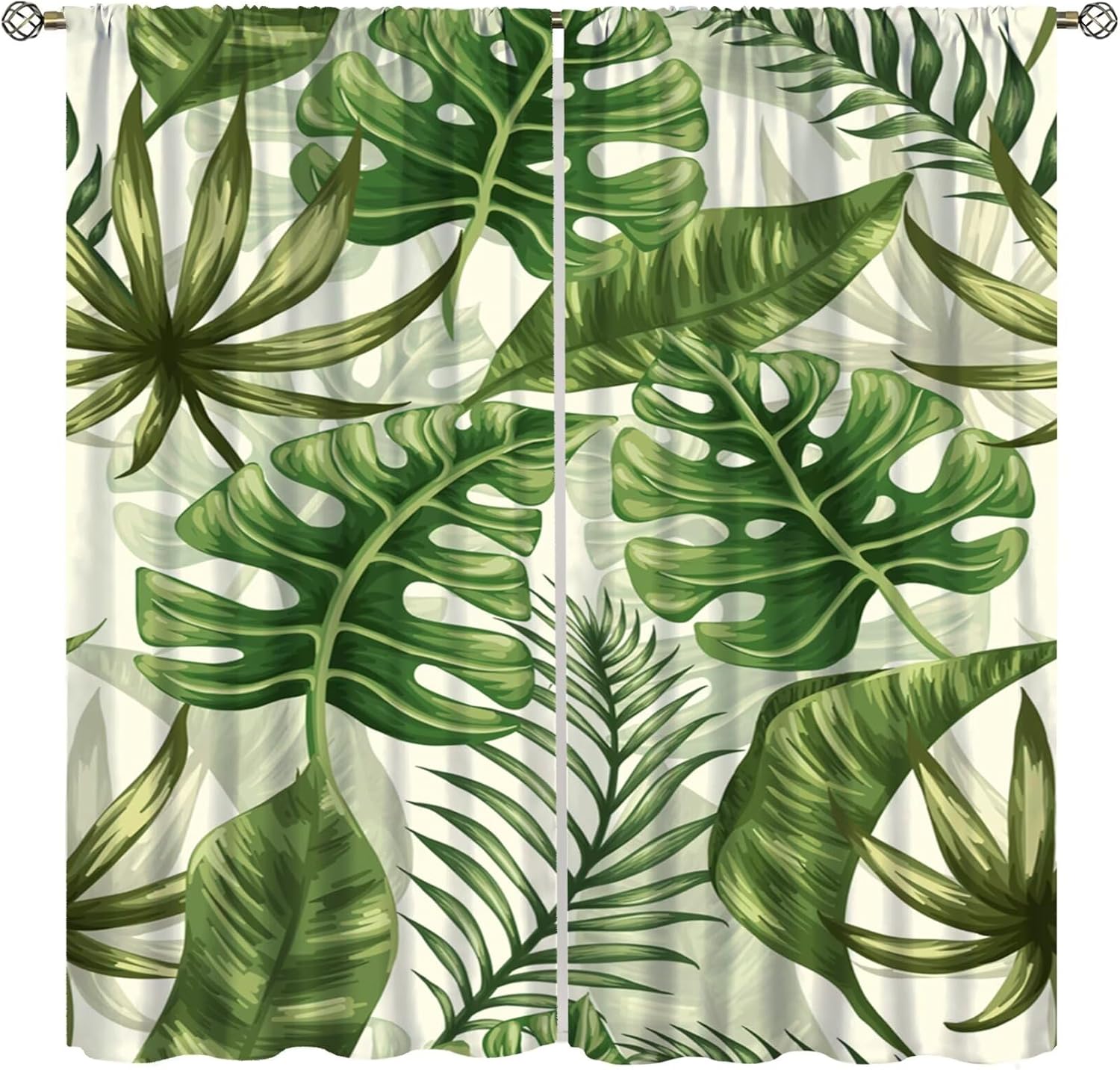 Tropical Leaves Curtain，Summer Vintage Funky Botanical Green Plant Palms Banana Leaf Pattern Blackout Window Treatments，for Child Teens Adults Living Room Bedroom Kitchen Cafe 42" W X 54" L