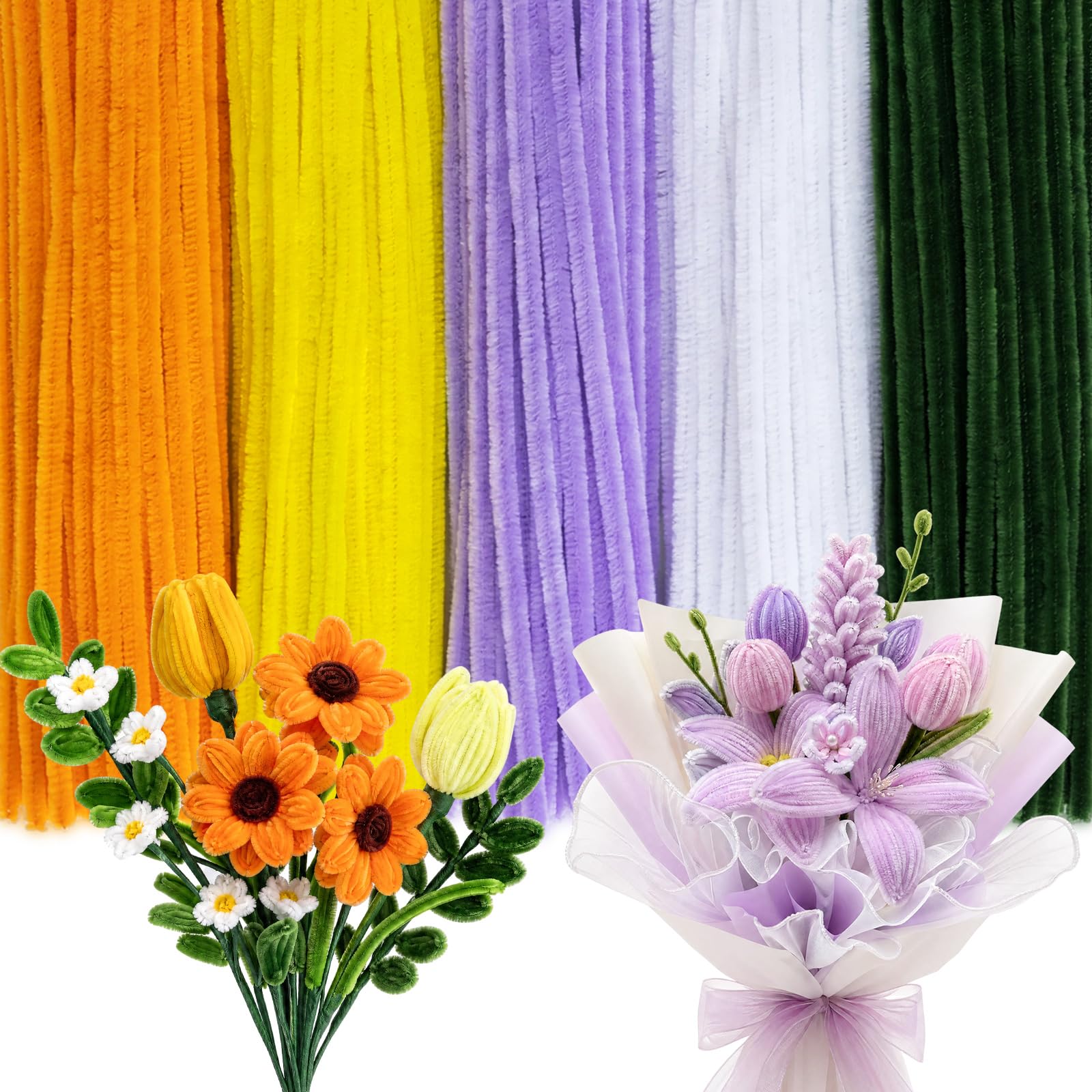 Peryiter 500pcs Pipe Cleaner Craft Pack, Yellow &amp; Purple Flower, 12 Inch
